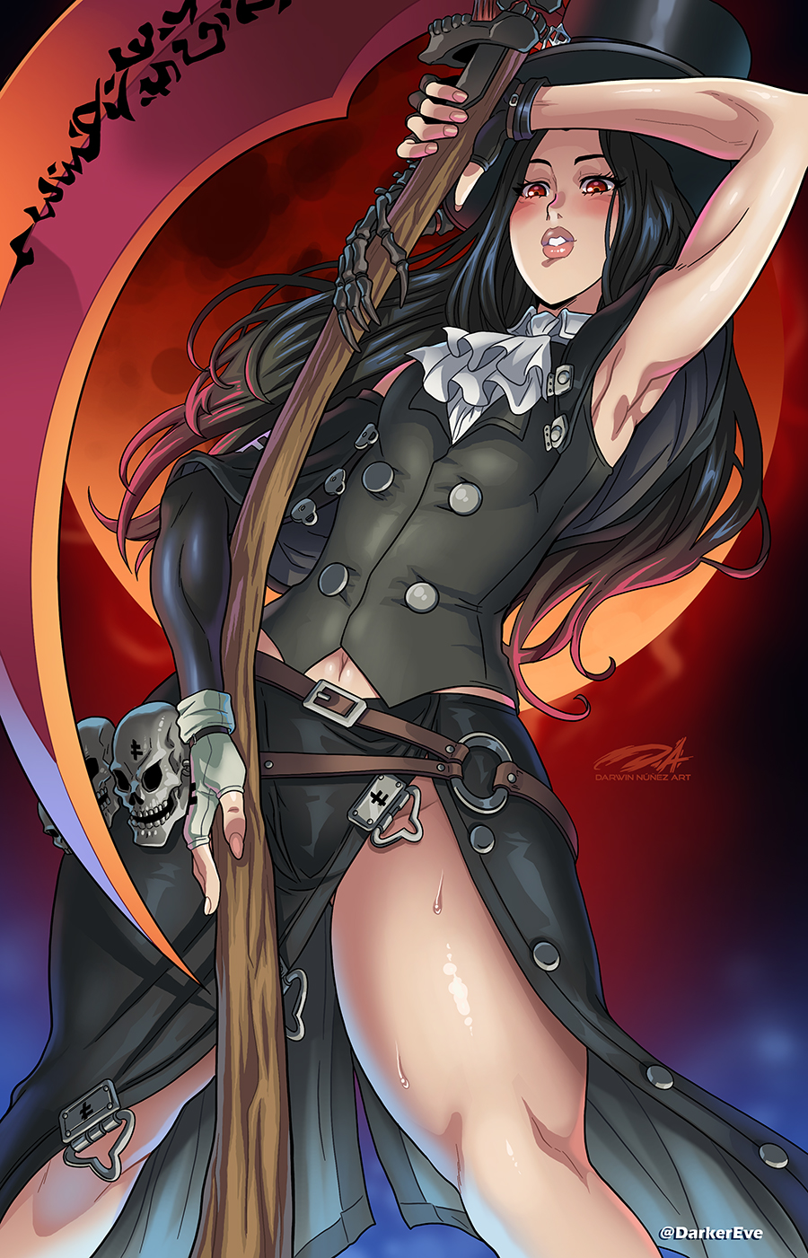 1femboy ambiguous_gender androgynous black_hair black_outfit clothed darkereve feminine_male full_moon girly guilty_gear guilty_gear_strive hat light_skin moon otoko_no_ko pin_up pink_highlights pinup red_eyes red_moon scythe skulls solo stripper_polearm testament_(guilty_gear) thick_thighs tophat trap