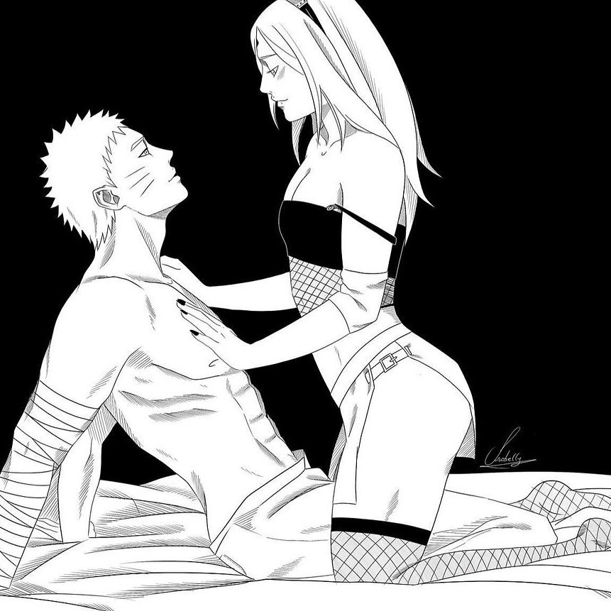 1boy 1boy1girl 1girls alternate_hair_length alternate_hairstyle bandaged_arm boruto:_naruto_next_generations couple kneeling long_hair male/female monochrome narusakuart naruto naruto:_the_last naruto_(series) naruto_shippuden no_panties on_bed partially_clothed sakura_haruno shirtless shirtless_(male) short_hair sitting stockings straddling straight strap_slip uzumaki_naruto