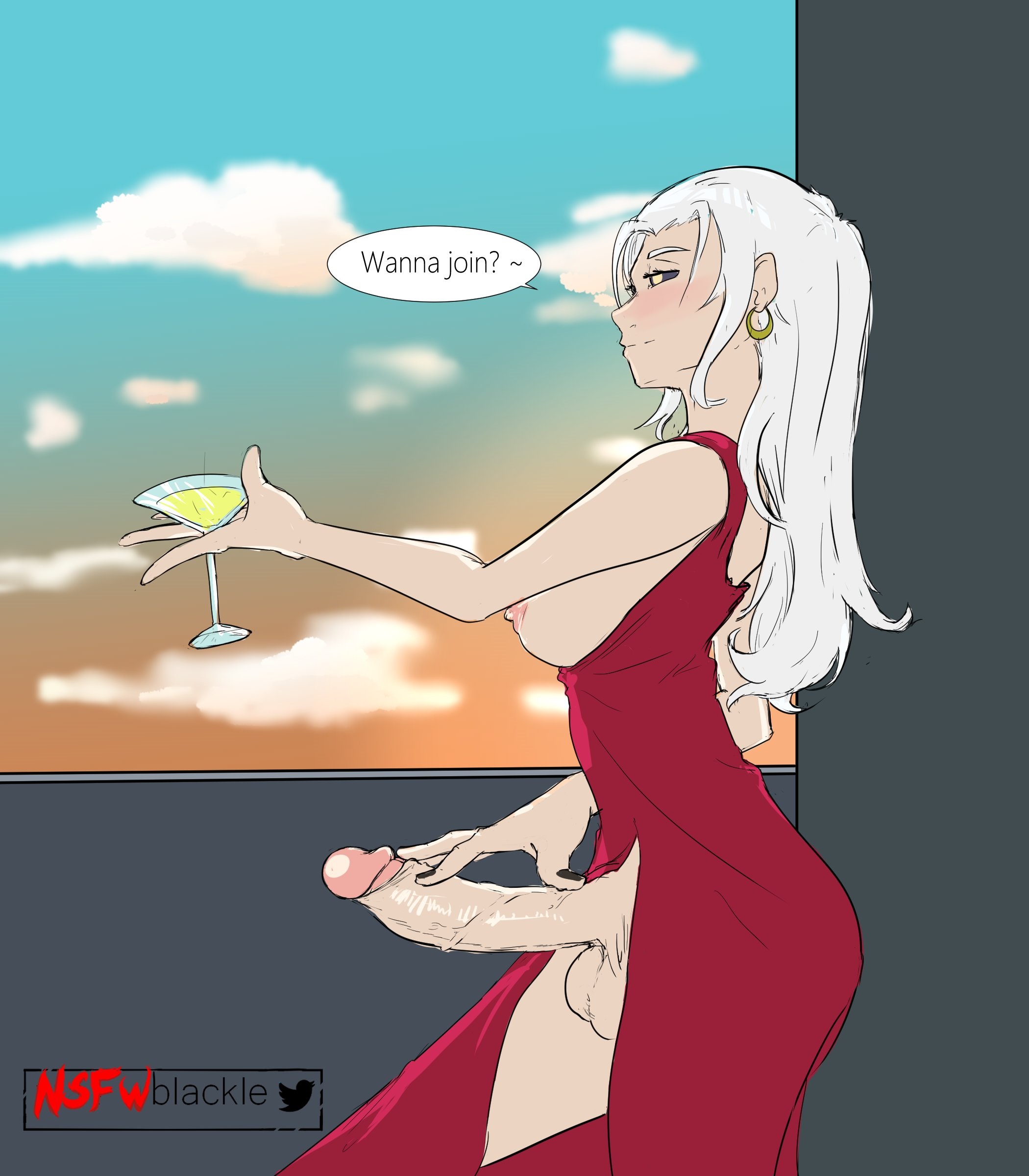 1futa, 2021, areolae, balls, big breasts, big penis, breasts, clothed, clothing, dress, erection, functionally nude, futa only, futanari, human, intersex, light skin, light-skinned futa, mostly clothed, nipples, nsfwblackle, penis, solo, standing, tagme