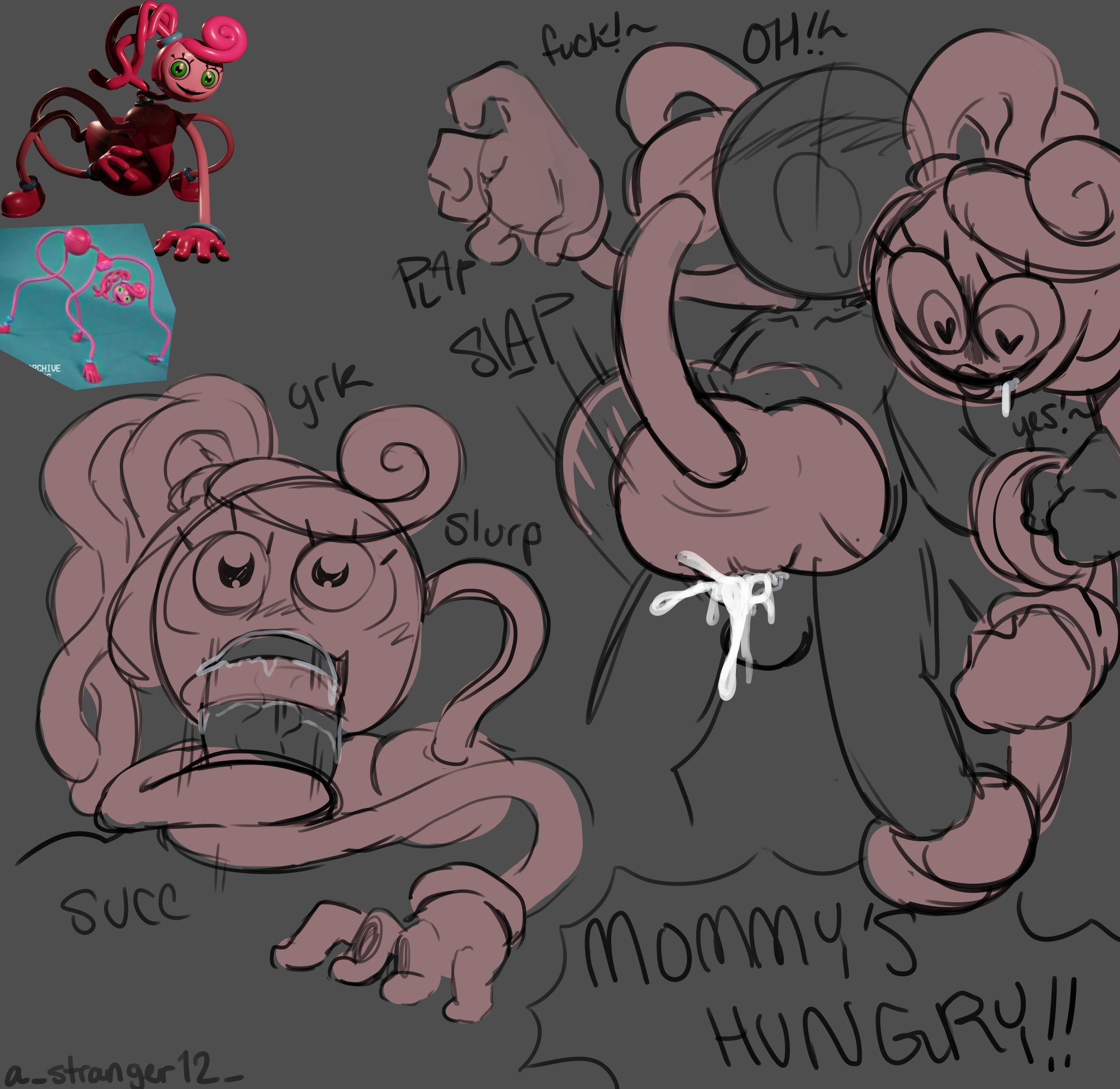1boy, 1girls, astranger, blowjob, cum, cum in pussy, cumming, english text, fellatio, female, heart, heart-shaped pupils, human, human penetrating, humanoid, male, male human/female humanoid, male human/female monster, mommy long legs, monster, oral, oral sex, ponytail, poppy playtime, pussy, sex, sketch, straight, text, unfinished, vaginal penetration, work in progress