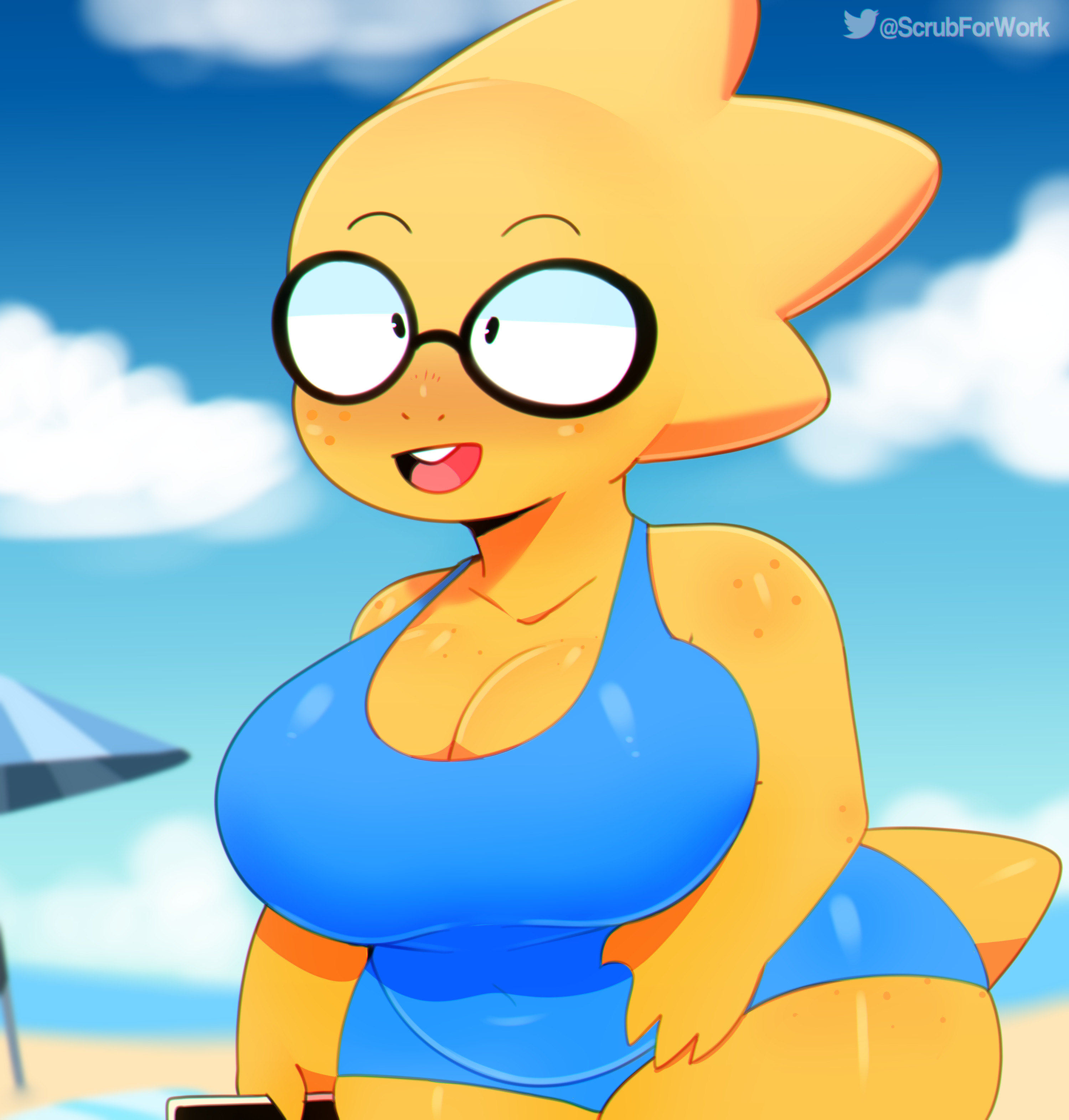1girls, 2d, alphys, anthro, beach, big breasts, blue swimsuit, breasts, busty, chubby, cleavage, cute, day, daytime, female, female focus, female only, holding phone, humanoid, lizard, lizard girl, lizard humanoid, mature female, monster girl, nerdy female, outdoors, phone, reptile, reptile humanoid, round glasses, short tail, smile, solo, solo female, somescrub, sunny, swimsuit, tagme, tail, thick thighs, undertale, undertale (series), yellow body, yellow skin