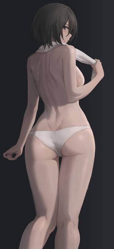 1girls, artist request, ass, ass focus, ass shot, attack on titan, black eyes, black hair, blush, breasts, female, female only, light skin, looking at viewer, looking back, mikasa ackerman, nude, panties, shingeki no kyojin, sideboob, solo, standing, thighs, topless, white panties