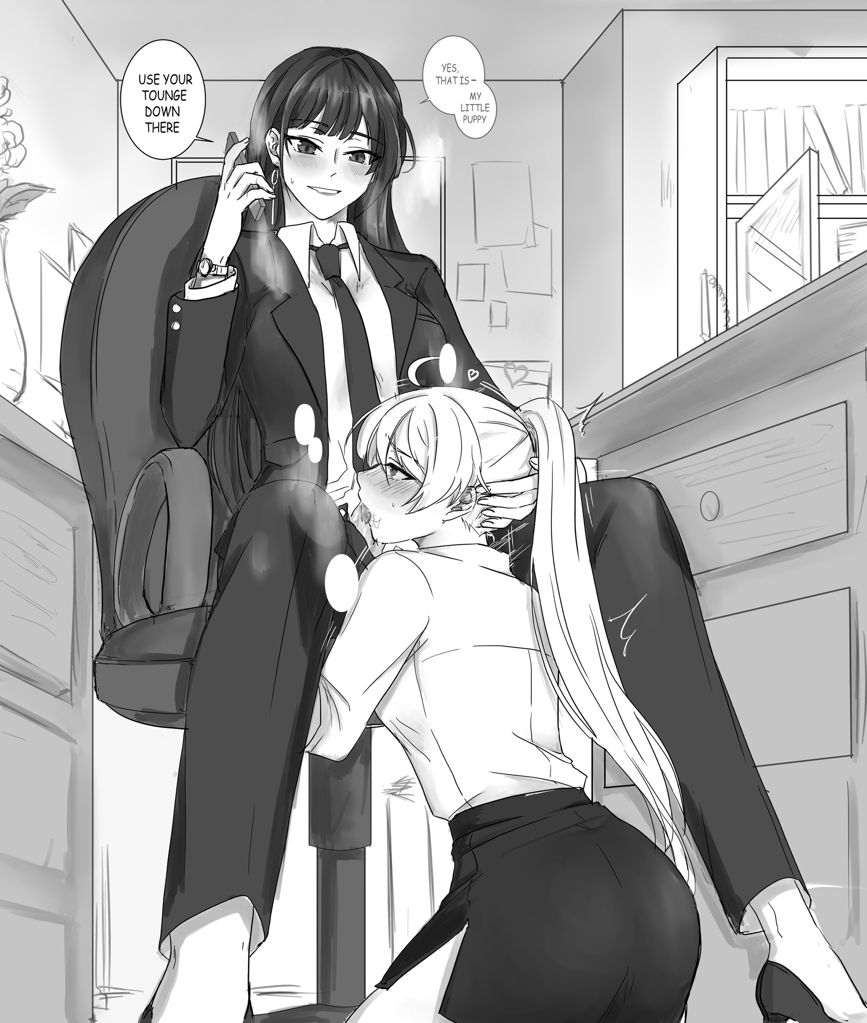 2girls, blush, clitoral stimulation, clitoris, clothed sex, cunnilingus, english dialogue, exposed pussy, female, female only, femdom, hand on head, honkai (series), honkai impact 3rd, kiana kaslana, kneeling oral position, lesbian, lesbian sex, lesbians, licking clitoris, licking pussy, multiple females, multiple girls, office, office chair, office lady, on the phone, oral, oral sex, pencil skirt, phone call, ponytail, praise, pussy, pussy juice, raiden mei, suit, unzipped pants, vagina, visible breath, yuri
