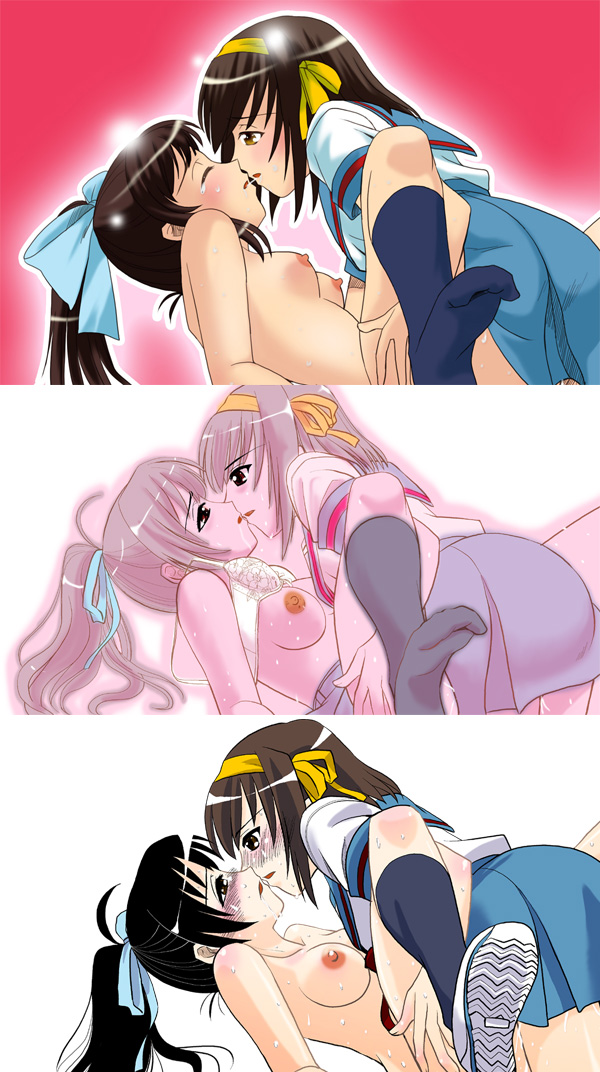 2girls black_hair blush bra_lift brown_eyes closed_eyes erect_nipples female female_only genderswap_(mtf) headband kissing kyon kyonko large_breasts multiple_girls open_mouth ponytail redraw rule_63 school_uniform sentape shoes skirt socks suzumiya_haruhi suzumiya_haruhi_no_yuuutsu yuri