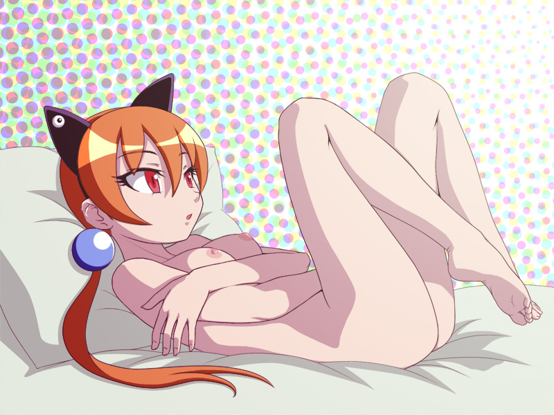 4:3_aspect_ratio alisa_southerncross animal_ears ass bare_ass barefoot breasts completely_nude feet female female itou_nobuhiro keroro_gunsou legs_up long_hair lying nekomimi nipples nude on_back orange_hair pillow red_eyes small_breasts soles solo tied_hair toes twintails