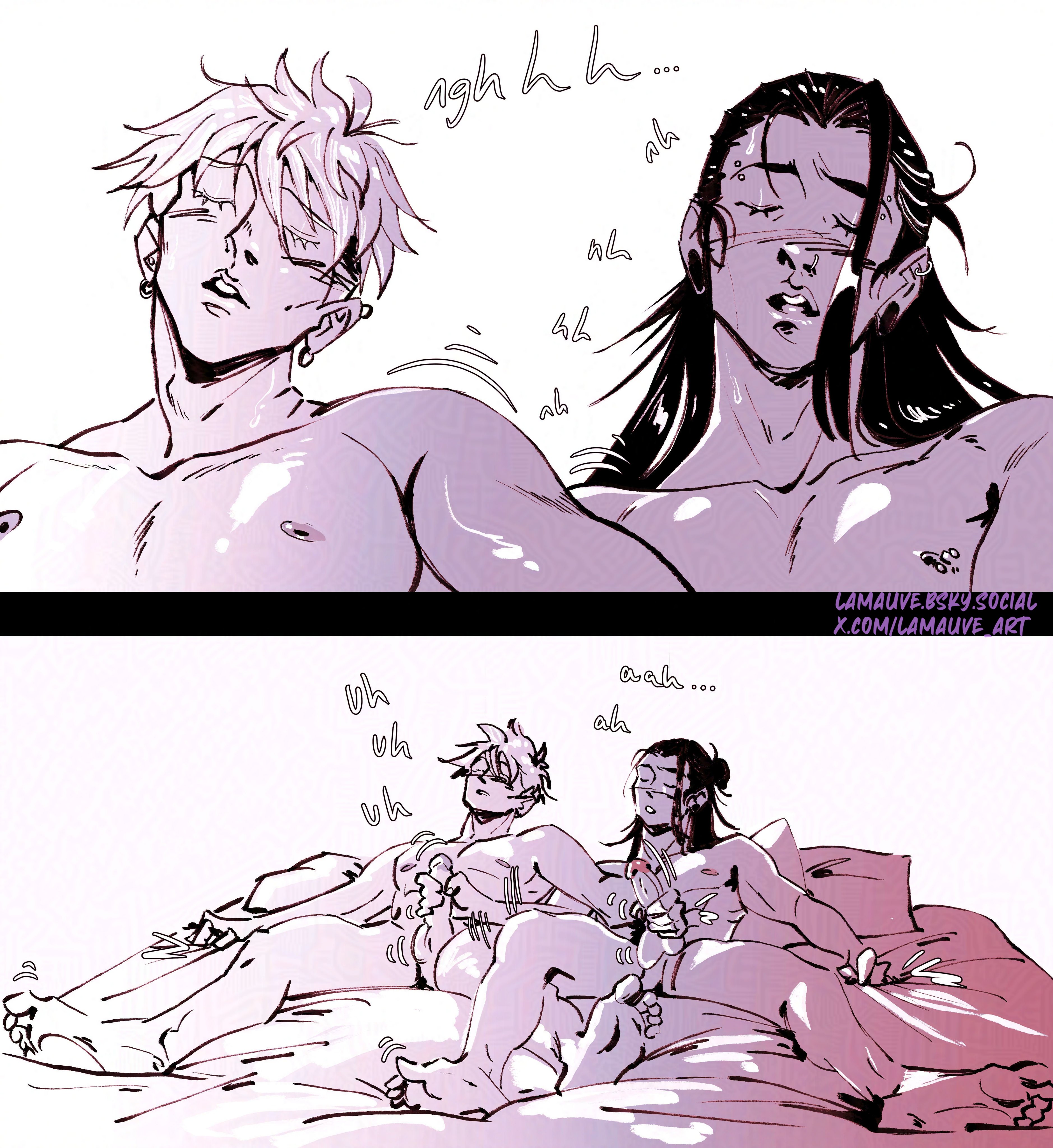 2boys, black hair, blush, closed eyes, earrings, gay, gay sex, grabbing sheets, jujutsu kaisen, lamauve, laying on back, male, male only, male/male, masturbating other, masturbation, moaning, muscular, muscular male, mutual masturbation, on bed, pierced ears, pierced nipples, piercing, satoru gojo, sex, suguru geto, text, white background, white hair, yaoi