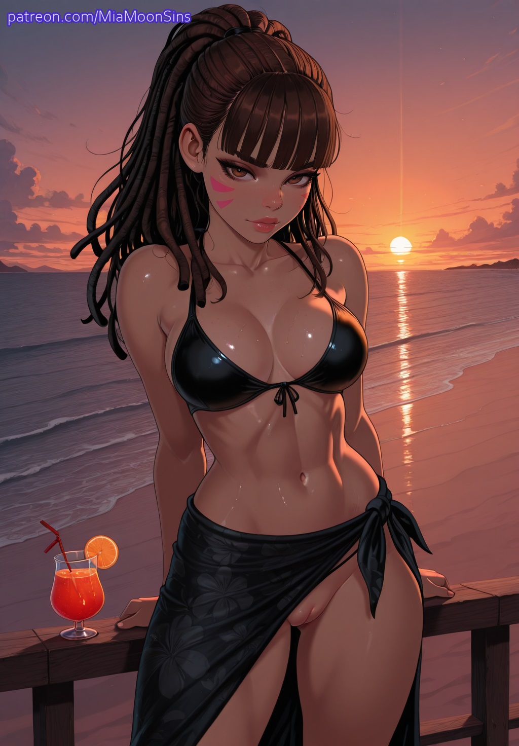 1girls, 2025, against railing, ai generated, alternate hairstyle, bangs, beach, bikini, bikini top only, black bikini, blizzard entertainment, blunt bangs, bottomless, breasts, breasts apart, brown eyes, brown hair, cleavage, cloud, collarbone, commando, cowboy shot, crossover, cup, d.va, drink, drinking glass, drinking straw, eye contact, facial mark, female, female focus, female only, food, front-tie bikini top, front-tie top, fruit, hi res, highres, horizon, leaning back, long hair, looking at viewer, medium breasts, miamoonsins, midriff, navel, no panties, ocean, orange (fruit), orange slice, outdoors, overwatch, overwatch 2, patreon, patreon username, ponytail, pussy, sarong, shiny skin, sky, solo, spread pussy, standing, sunset, swimsuit, table, toned, uncensored, very long hair, water, web address, whisker markings