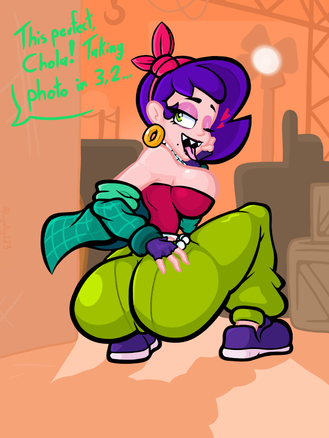 1girls big_ass big_breasts brawl_stars collar crouching fingerless_gloves gotig1231 green_eyes jeans lola_(brawl_stars) open_mouth purple_hair thick_thighs tight_clothing tongue_out