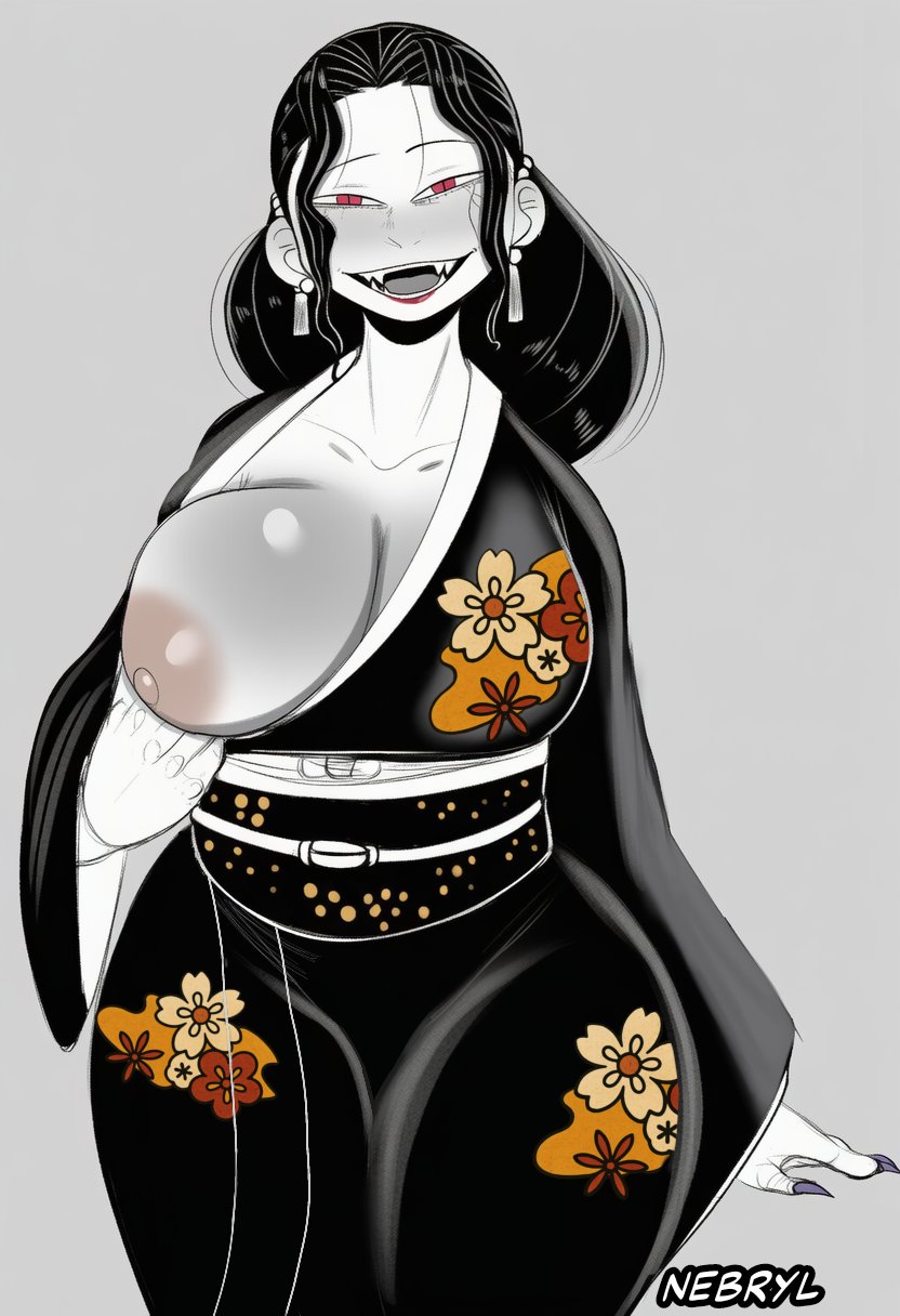 1girls, ai generated, big ass, big breasts, big thighs, black hair, blush, blushing, breasts, breasts out, demon, demon slayer, female, female muzan, female version, flashing, huge breasts, kimetsu no yaiba, kimono, lipstick, long hair, looking at viewer, muzan kibutsuji, nebryl, oni, open mouth, pale skin, red eyes, smile, smiling, solo, thick thighs, white skin, wide hips