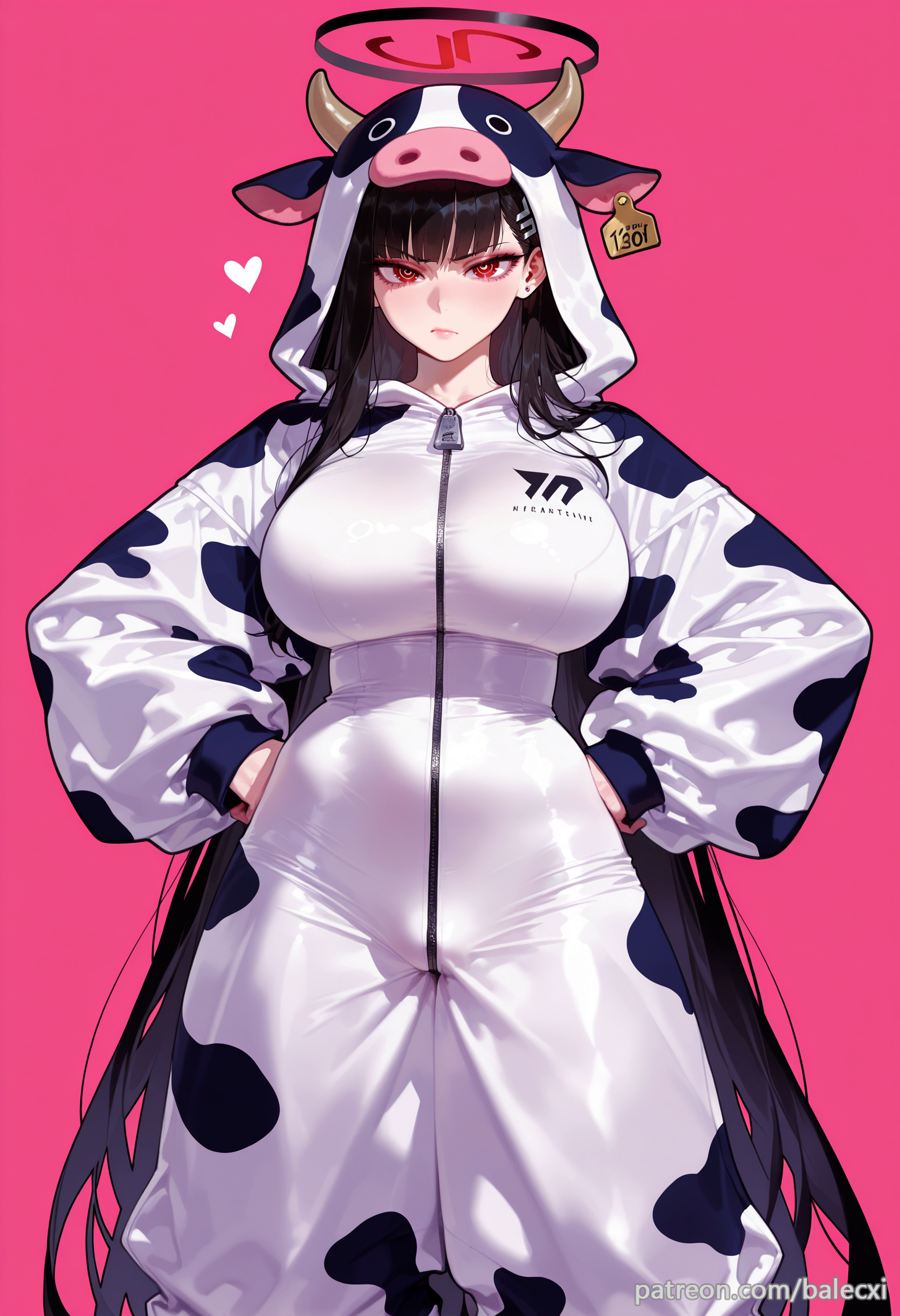 ai generated, alternate costume, animal costume, animal print, balecxi, black hair, blue archive, breasts, closed mouth, cow print, female, hair ornament, halo, hands on own hips, heart, hood, hood up, large breasts, long hair, long sleeves, looking at viewer, pink background, red eyes, rio (blue archive), simple background, solo