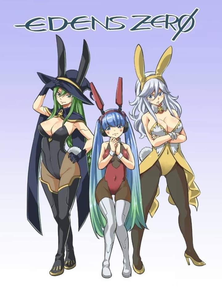 3girls big_breasts blue_hair bunny_costume bunny_ears bunny_girl bunny_tail bunnysuit copyright_name cosplay costume edens_zero female_only full_body green_hair hermit_mio hiro_mashima long_hair looking_forward mashima_hiro multiple_girls official_art short_hair sister_ivry size_play small_breasts smiling standing thick_thighs thighhighs twintails two_tone_hair white_hair witch_hat witch_regret