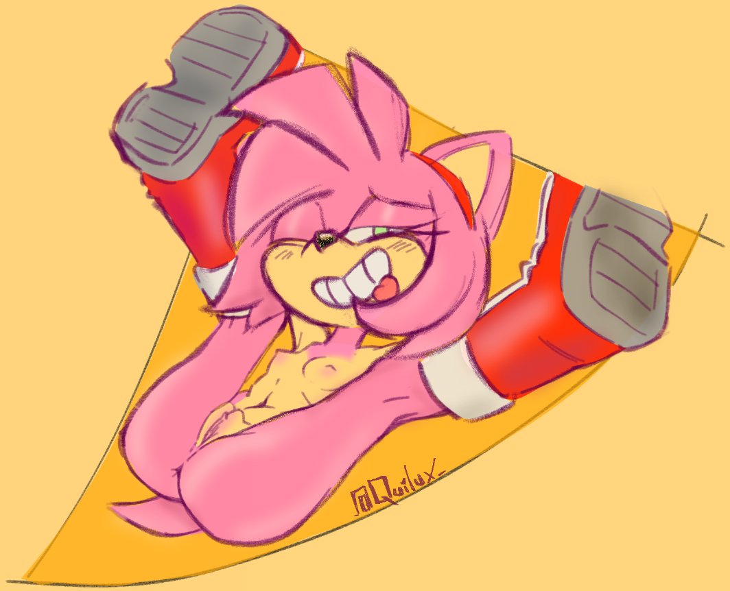 1girls, amy rose, anus peek, bean mouth, blush, boots, boots only, breasts, female, green eyes, knee high boots, naked footwear, pink fur, pretzel position, pussy, quilux, red hairband, small breasts, sonic (series), tagme, tongue out, winking at viewer