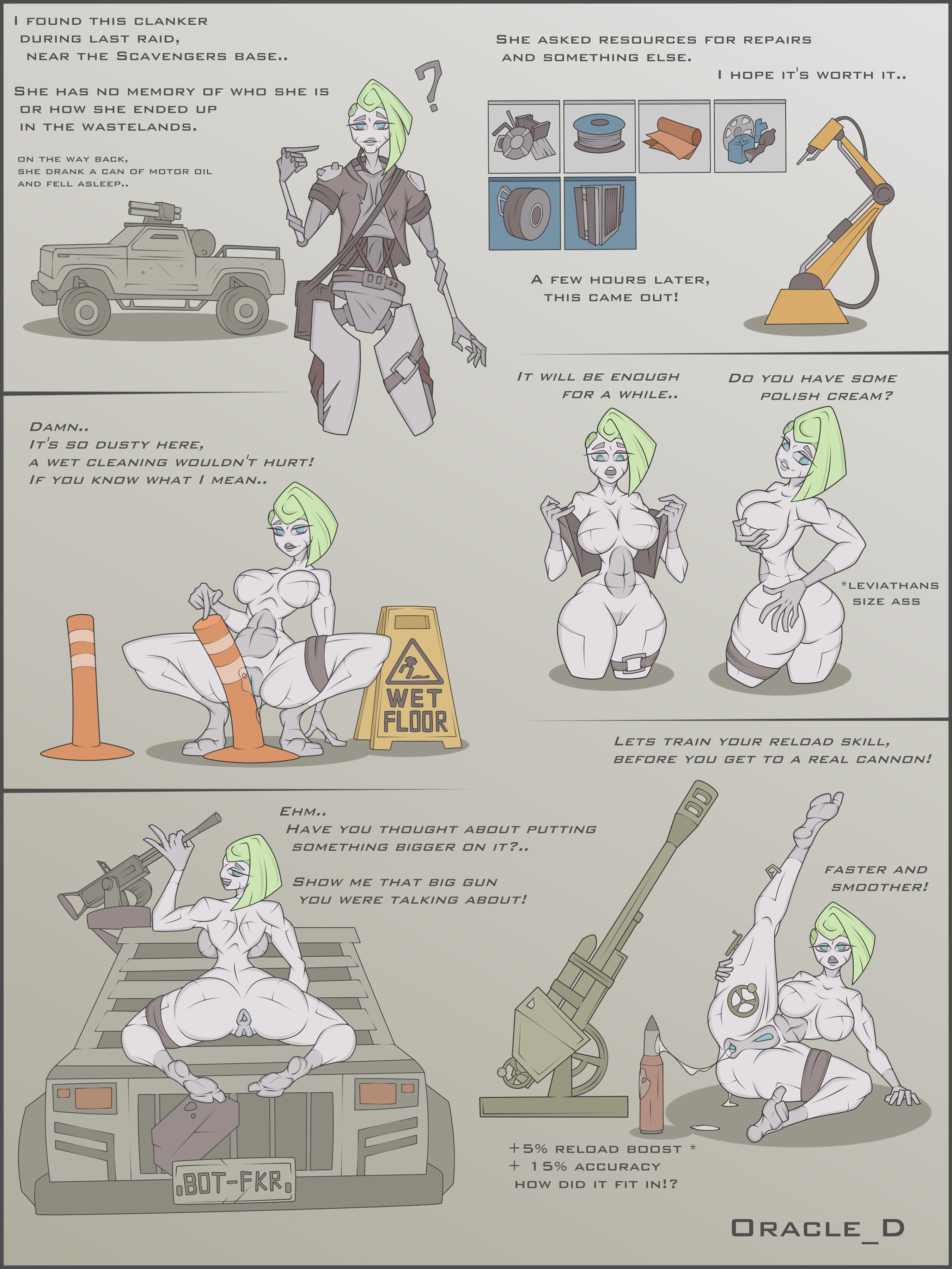 anal, anal insertion, artillery, ass exposed, big ass, big breasts, bimbofication, blue eyes, breasts, crossout, fan character, female, green hair, grey body, gun, ironfist.girl (oracle dominus), lewd-machine series, looking at viewer, modification, nude, object insertion, oracle dominus, ravager (crossout), robot, robot girl, sexbot, shell, sitting on car, squish, talking to viewer, text, undressing, upgrades, vehicle, weapon