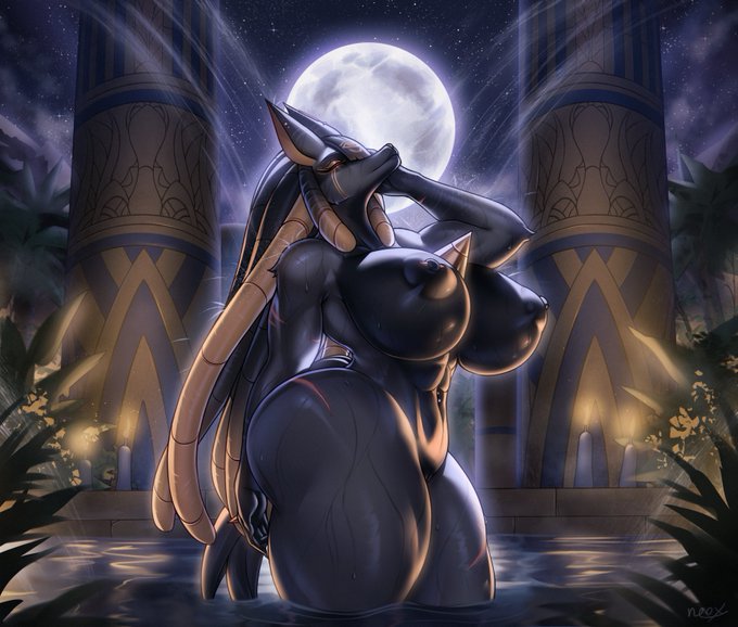 2d, 2d (artwork), anubian jackal, anubis, ass, bathing, big areola, big ass, big breasts, black and gold hair, black fur, breasts, candle, candlelight, dreadlocks, ear piercing, egyptian, egyptian god, egyptian mythology, female, full moon, furry, furry female, furry only, goddess, gold jewelry, gold makeup, moon, moonlight, multicolored hair, muscular, muscular female, navel piercing, neox, night, nipple piercing, nude, nude female, red eyes, scar, showering