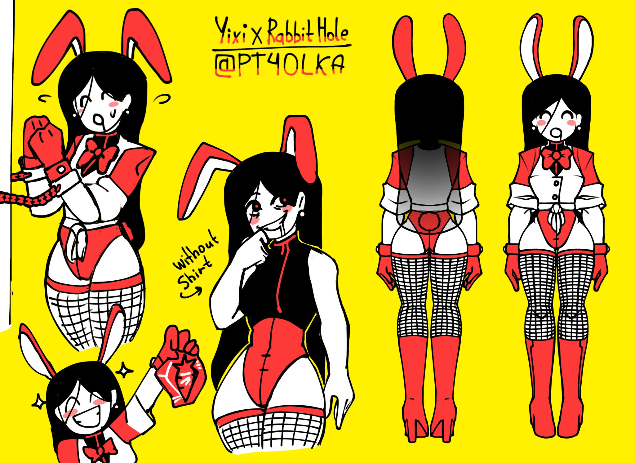1girls, alternate costume, black hair, boots, bow, bowtie, bunny ears, bunny tail, bunnysuit, butcher vanity (synthesizer v), cameltoe, closed eyes, cosplay, cuffed, drool, drool on face, drooling, earrings, fanmade design, fishnet legwear, fishnet thighhighs, fishnets, flavor foley, gloves, handcuffs, high heel boots, high heels, highleg, highleg leotard, leotard, long hair, medium breasts, mv character, open mouth, pt4olka, rabbit hole (cosplay), rabbit hole (vocaloid), red eyes, red leotard, reference image, reference sheet, rolled up sleeves, simple background, solo, sweat, synthesizer v, thick thighs, thighs, vest, vimalion pro, wrist cuffs, yi xi (synthesizer v)