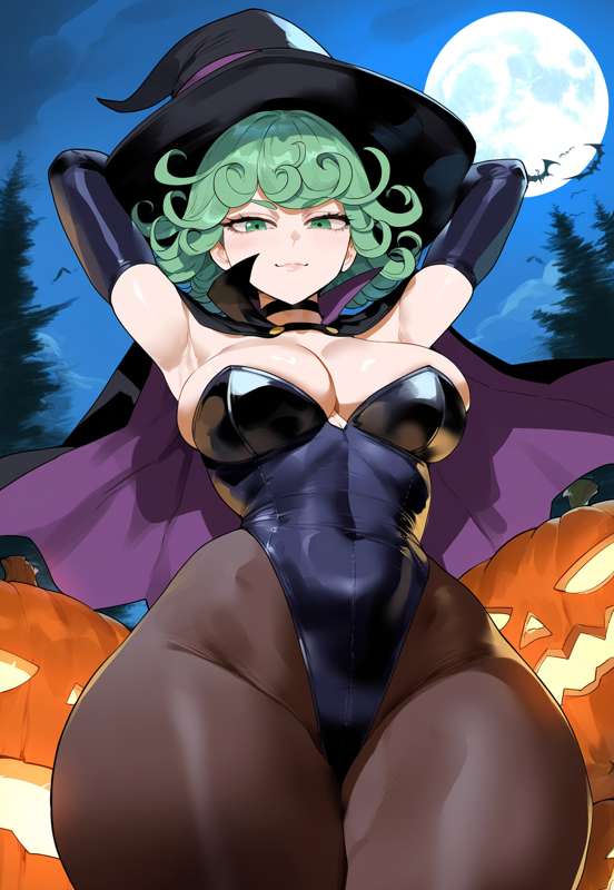 1girls, ai generated, armpits, big breasts, breasts, creamy ai, female, green eyes, green hair, hair, halloween, halloween costume, halloween decoration, halloween pumpkin, halloween theme, one-punch man, short hair, solo, solo female, tatsumaki, thick thighs, thighs, witch costume, witch hat