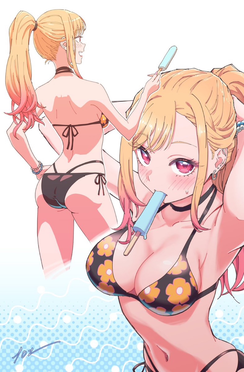 bare back, bare shoulders, big breasts, bikini, bikini top, blonde hair, bracelet, breasts, collar, earrings, female, gyaru, kitagawa marin, pattern bikini, pattern topwear, ponytail, sono bisque doll wa koi wo suru