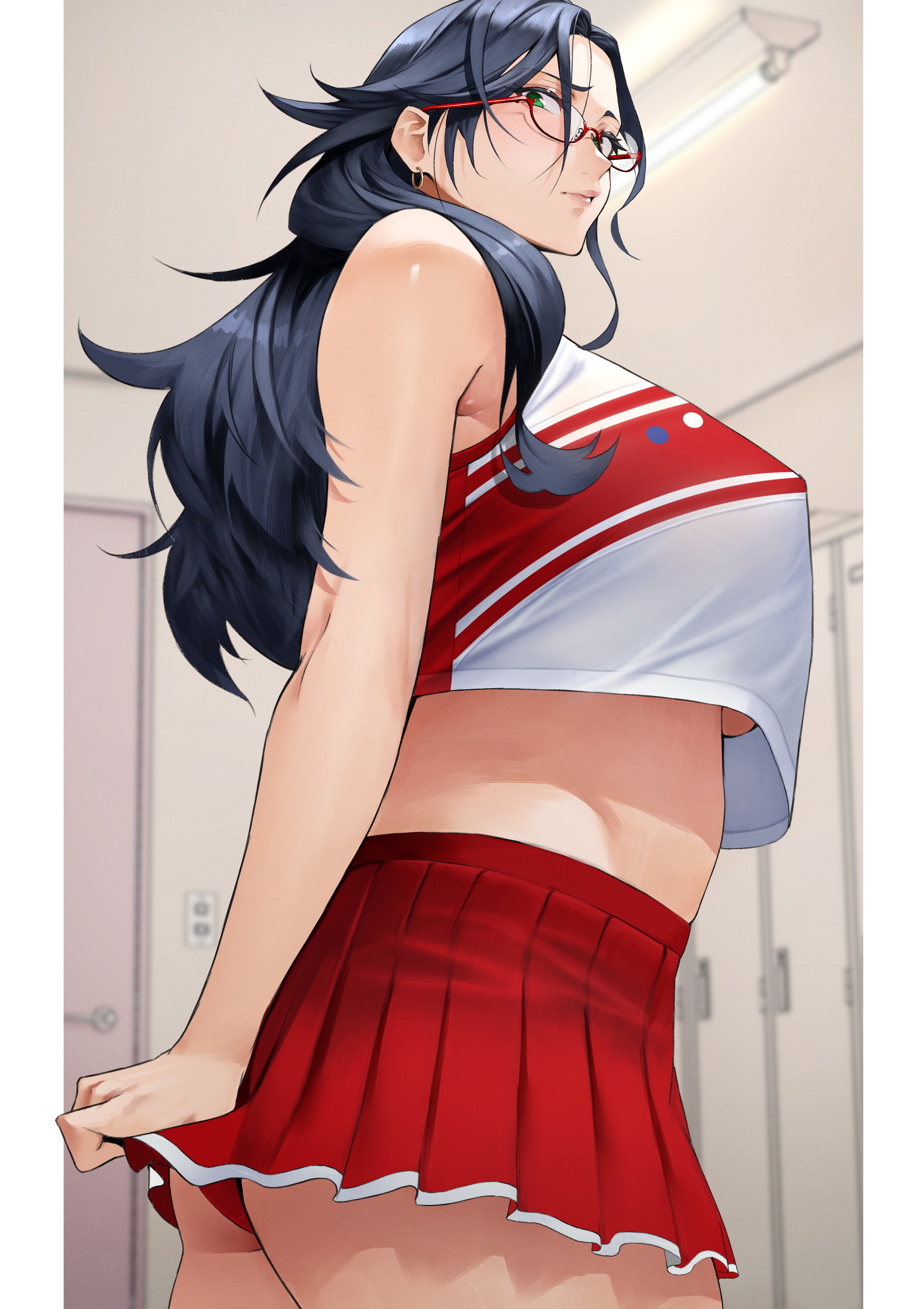 1girls, absurd res, ass, black hair, breasts, female, female only, glasses, green eyes, hi res, large breasts, long hair, looking at viewer, original, panties, red panties, skirt, solo, thighs, underboob, yoshi55level
