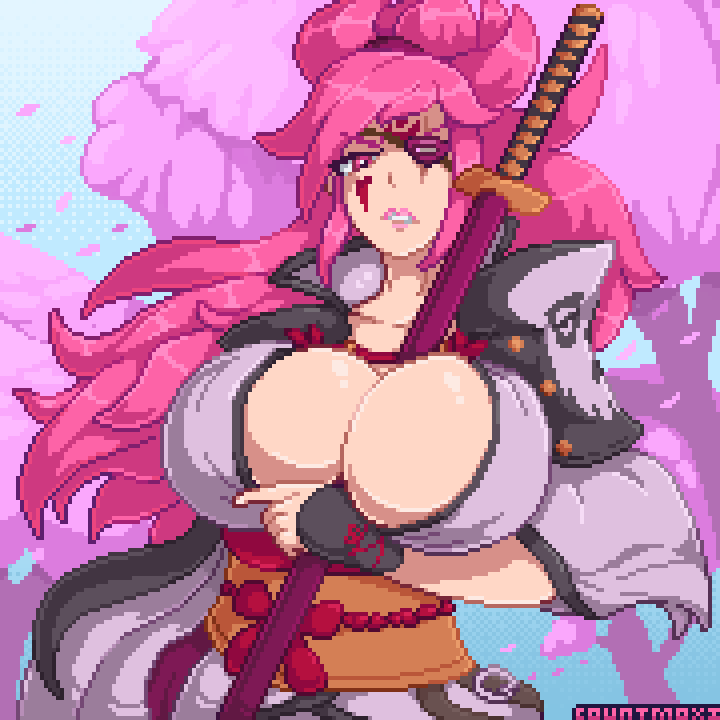 1girls angry angry_face arc_system_works artist_name artist_signature baiken between_breasts breasts countmoxi enormous_breasts eyepatch female female_focus female_only fully_clothed guilty_gear hi_res holding holding_katana holding_sword holding_weapon huge_breasts katana long_hair looking_at_viewer massive_breasts pink_hair pixel_art ponytail solo solo_female sword sword_between_breasts sword_sheath upper_body weapon weapon_between_breasts weapon_sheath