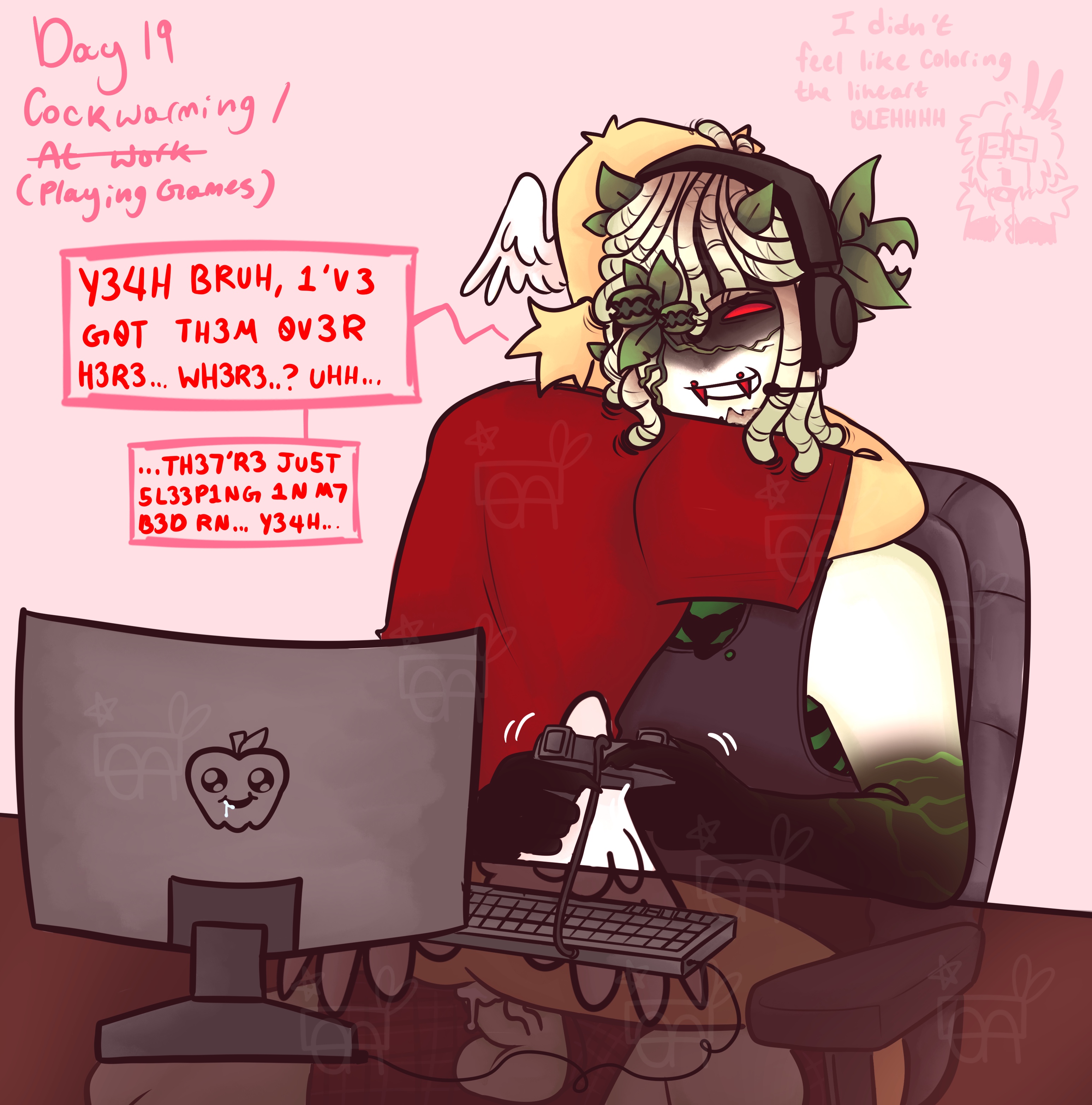 1ambiguous, 1boy, ambiguous gender, ambiguous penetration, angel bites, block tales, boxers, bunnyolin, cock through boxers, cockwarming, computer, computer monitor, doodle, dreads, ectobody, game controller, gaming, gaming chair, gaming headset, griefer (block tales), help, idk what to tag it, keyboard, keyboard (computer), kinktober 2025, leaves, leaves in hair, locs, male, male only, ombre colors, one eye covered, one eye obstructed, penis, plant, player (block tales), playing videogame, red eyes, riding cock, riding penis, risky sex, risque, roblox, roblox game, robloxian, self upload, shirt, speaking tube headset, tanktop, text, text box, text bubble, wings, wings on back, wings on head
