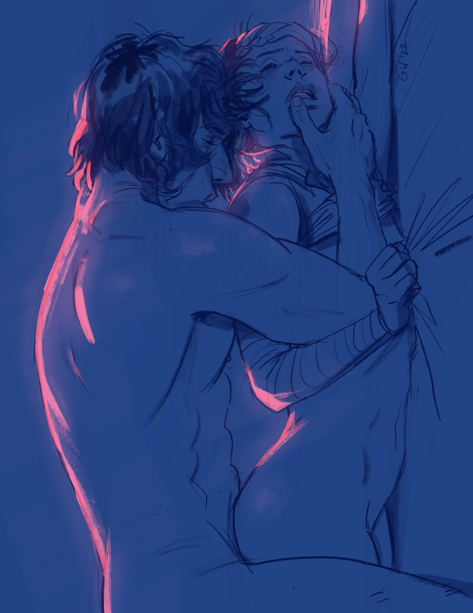 1boy, 1girls, closed eyes, female, from behind, gutlesswunder, hand on another's face, kylo ren, male, muscular, muscular male, nude, passionate, rey, romantic, sex, sheet grab, star wars, straight