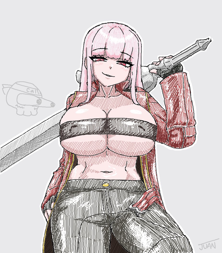 breasts, dante (devil may cry) (cosplay), devil may cry, devil may cry (series), female, hololive, hololive english, hololive myth, huge breasts, juan de lata, mori calliope, nipple bulge, thick thighs, tubetop, virtual youtuber