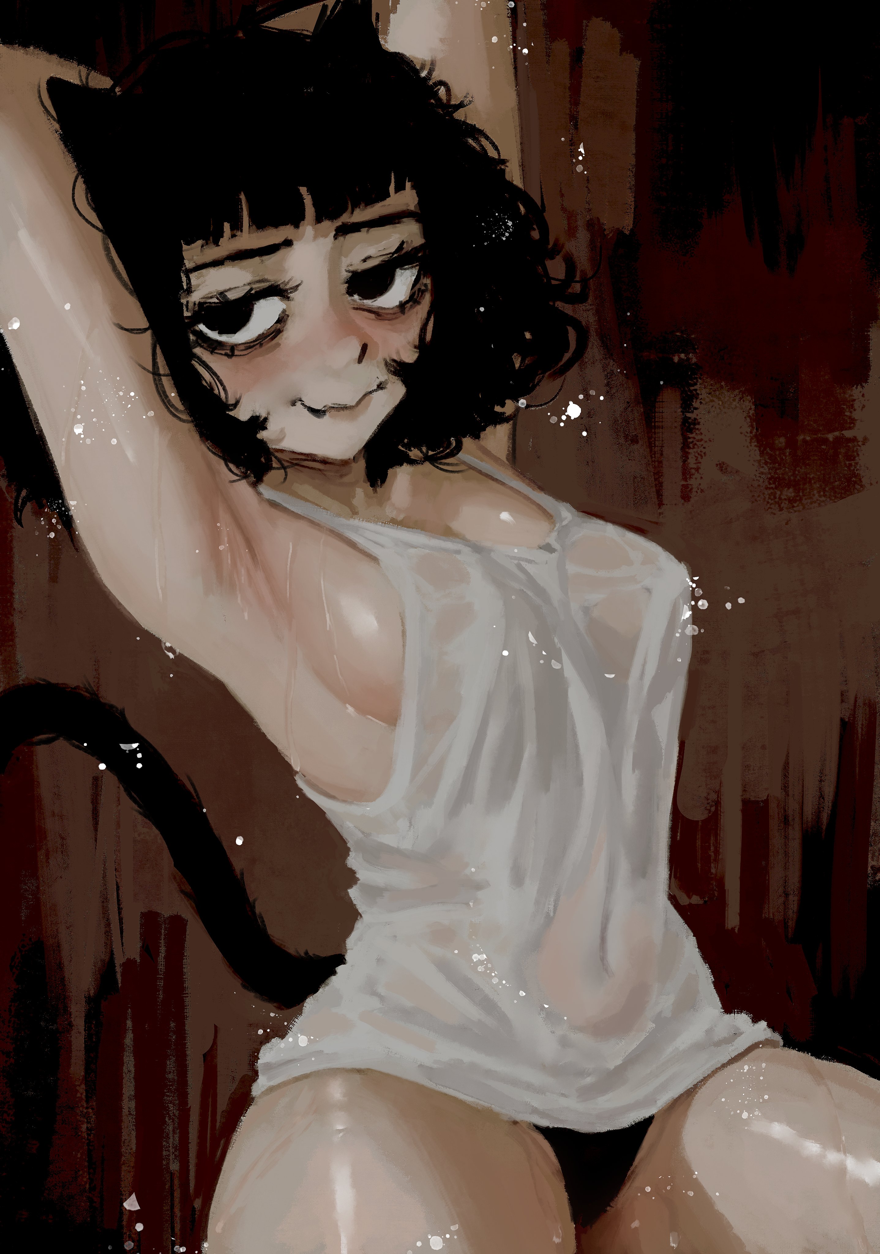 casato, cat ears, catgirl, ellie (casato), no bra, see-through, shirt, sideboob, wet, wet clothes