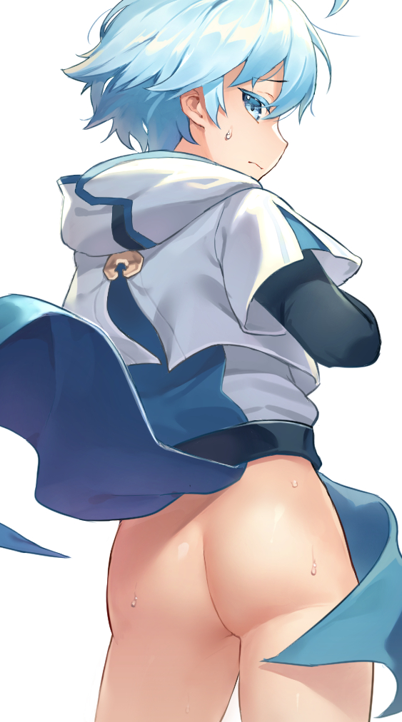 1boy, ass, bangs, blue eyes, blue hair, blush, chinese clothes, chongyun (genshin impact), eyebrows visible through hair, food, genshin impact, gloves, hair between eyes, hair ornament, holding, hood, ice cream, jewelry, konmamion, long sleeves, looking at viewer, male, male focus, male only, short hair, simple background, smile, solo, sweat