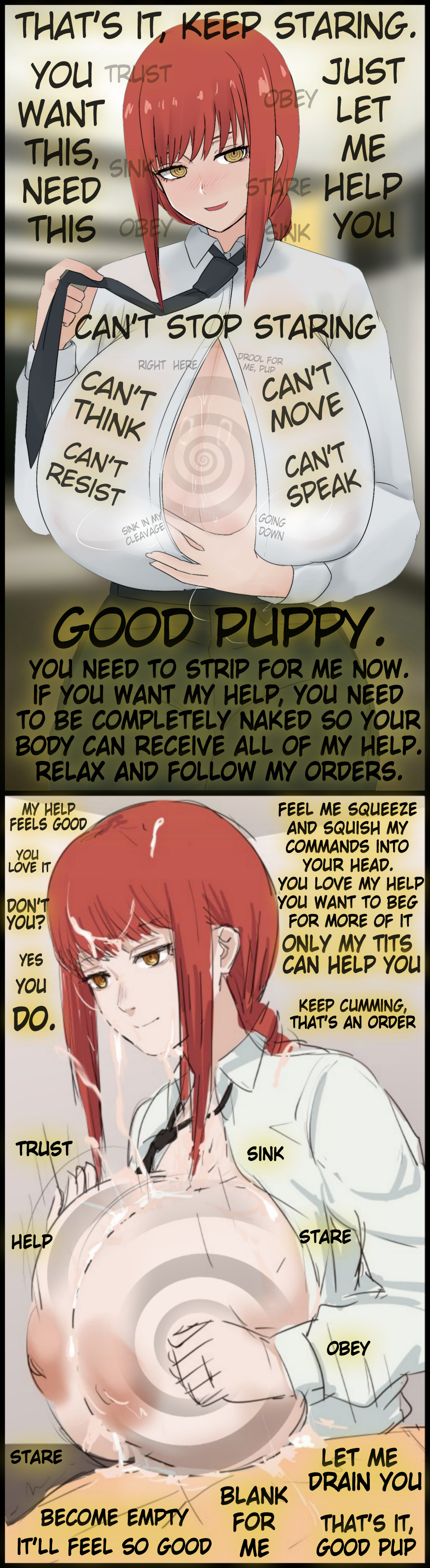 1girls, absurdres, big breasts, blush, boob window, boobjob, breasts, breasts bigger than head, button gap, caption, caption box, chainsaw man, cleavage, cum, cum on body, cum on breasts, cum on face, cum on hair, english text, female, femdom, gigantic breasts, holding breasts, huge breasts, hypnosis, hypnotic breasts, hypnotizing viewer, joi, large breasts, long hair, looking at viewer, makima (chainsaw man), male, male pov, malesub, manip, nao (ritsancrossover), orgasm, orgasm command, paizuri, ponytail, pov sub, red hair, shirt, smile, spiral, text, tie, titfuck, titjob, titnosis, yellow eyes, ympulse (manipper)