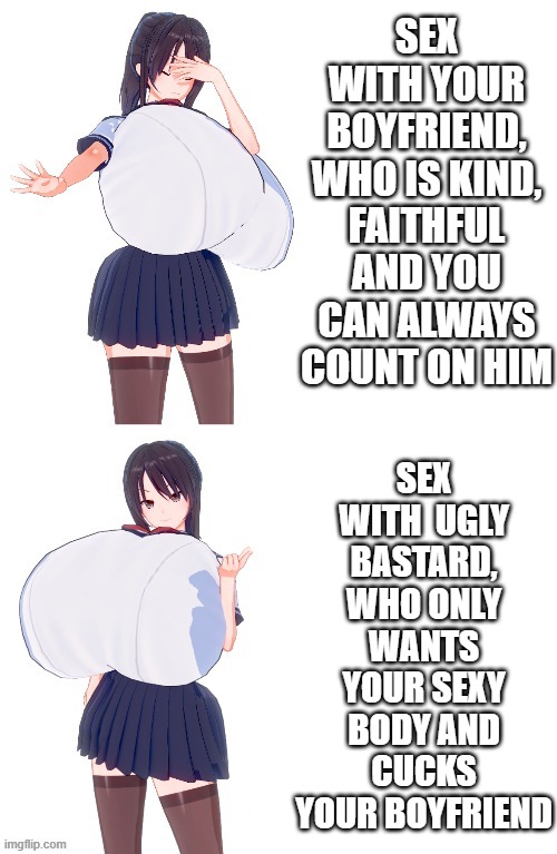 ass, ayano aishi, breasts, breasts bigger than head, cheating, cheating (relationship), cheating girlfriend, closed eyes, cuckold, different poses, disgusted, drake meme, facepalm, female, gigantic ass, gigantic breasts, gigantic butt, gigantic thighs, huge ass, huge breasts, huge butt, huge thighs, hyper, hyper breasts, koikatsu, looking at viewer, meme, meme pose, meme reference, netorare, ntr, open eyes, school uniform, smile, smile at viewer, smiling, thick thighs, thighs, ugly bastard, unfaithful, yandere simulator