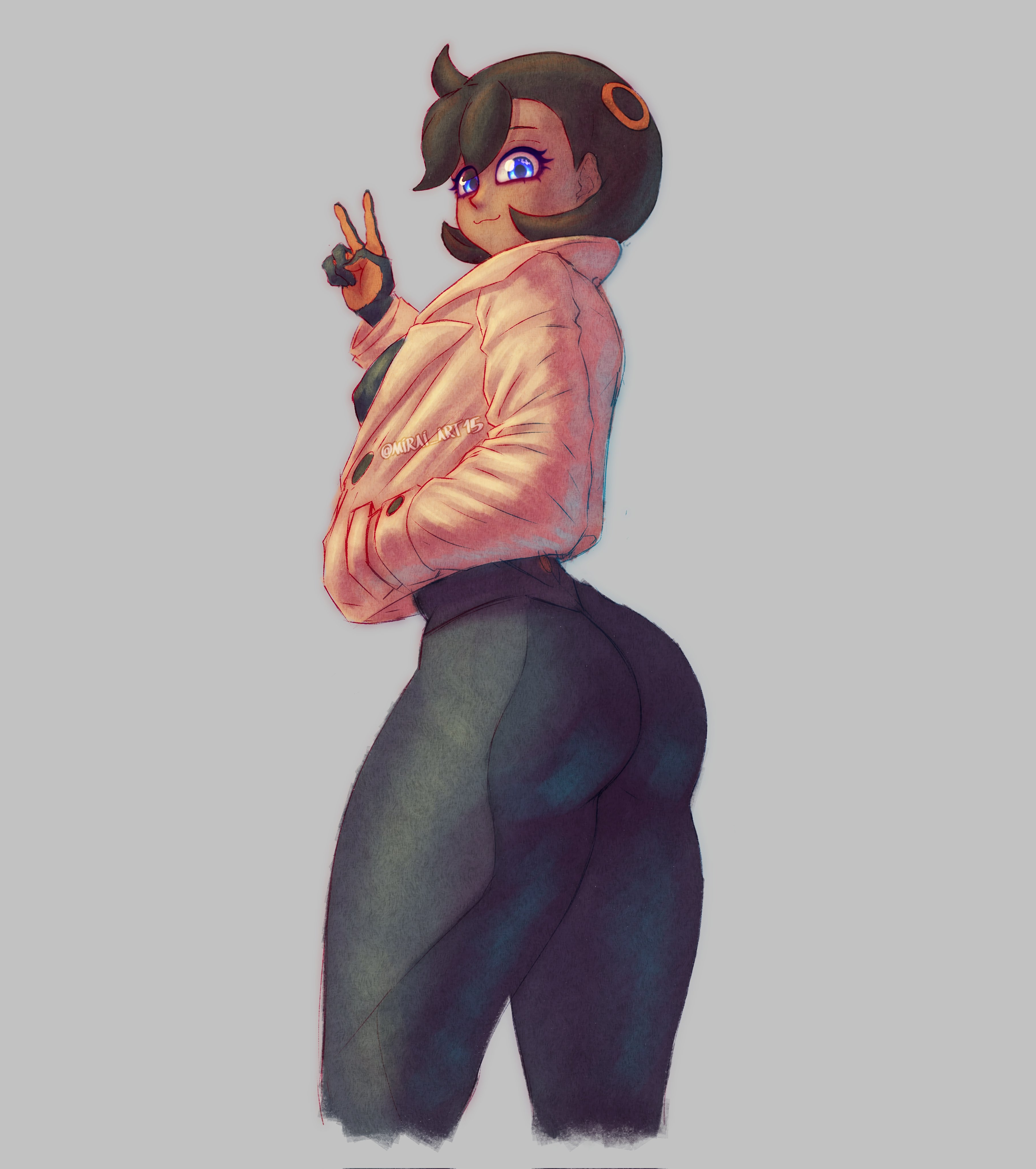 1girls, art15mirai, ass, big ass, bodysuit, coat, emma (pokemon legends: z-a), emma (pokemon), fat ass, female, female only, game freak, huge ass, human, human only, jacket, jpeg, matiere (pokemon legends: z-a), matiere (pokemon), nintendo, pokemon, pokemon legends: z-a, pokemon xy, short black hair, solo, thick thighs, tomboyish, wide hips
