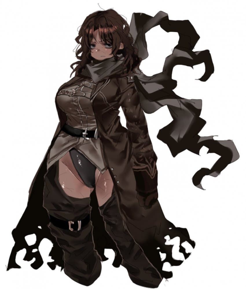 1girls, alternate body type, black panties, color, dark hair, dark-skinned female, digital media (artwork), erlking heathcliff (limbus company), genderswap (mtf), gloves, inner thighs, leather belt, leather boots, leather jacket, leather straps, limbus company, long hair, long scarf, long sleeves, looking at viewer, mature female, messy hair, no sex, no visible genitalia, project moon, rule 63, scars, scars all over, scars on thighs, scowl, shaved crotch, shiny skin, tattered clothing, thick thighs, tight panties, visible panties, visible thighs, visible underwear