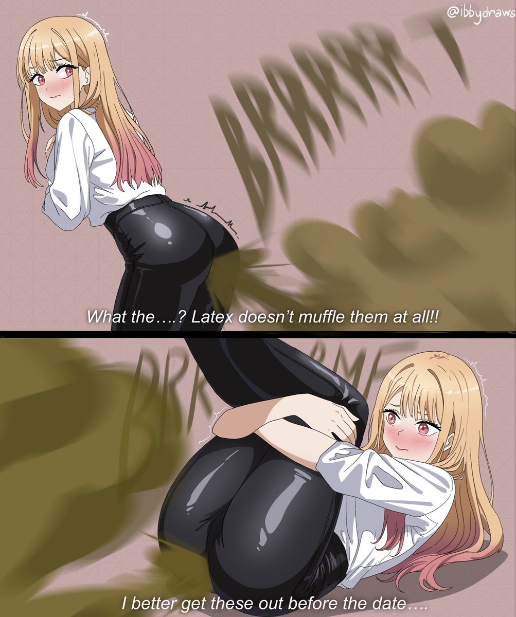 ass, blush, embarrassed, english text, fart, fart cloud, fart fetish, farting, golden hair, hugging own legs, ibbydraws, kitagawa marin, latex clothing, latex pants, leaning forward, legs up, looking back, my dress up darling, onomatopoeia, red eyes, shirt, sono bisque doll wa koi wo suru, two panel image, two tone hair, white shirt