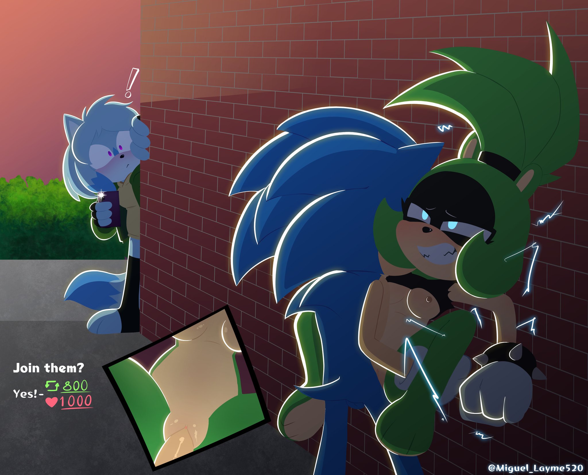 1boy, 2d, 2girls, against wall, alley, artist name, blue fur, bystander, clenched hand, electricity, female, grey fur, gritted teeth, idw comics, idw publishing, lineless, male, miguel layme, mobian, mobian (species), mobian tenrec, paws, pussy, sega, sharp teeth, sonic (series), sonic oc, sonic the hedgehog, sonic the hedgehog (comics), sonic the hedgehog (idw), sonic the hedgehog (series), spiked bracelet, surge the tenrec, tagme, vaginal penetration, voyeur