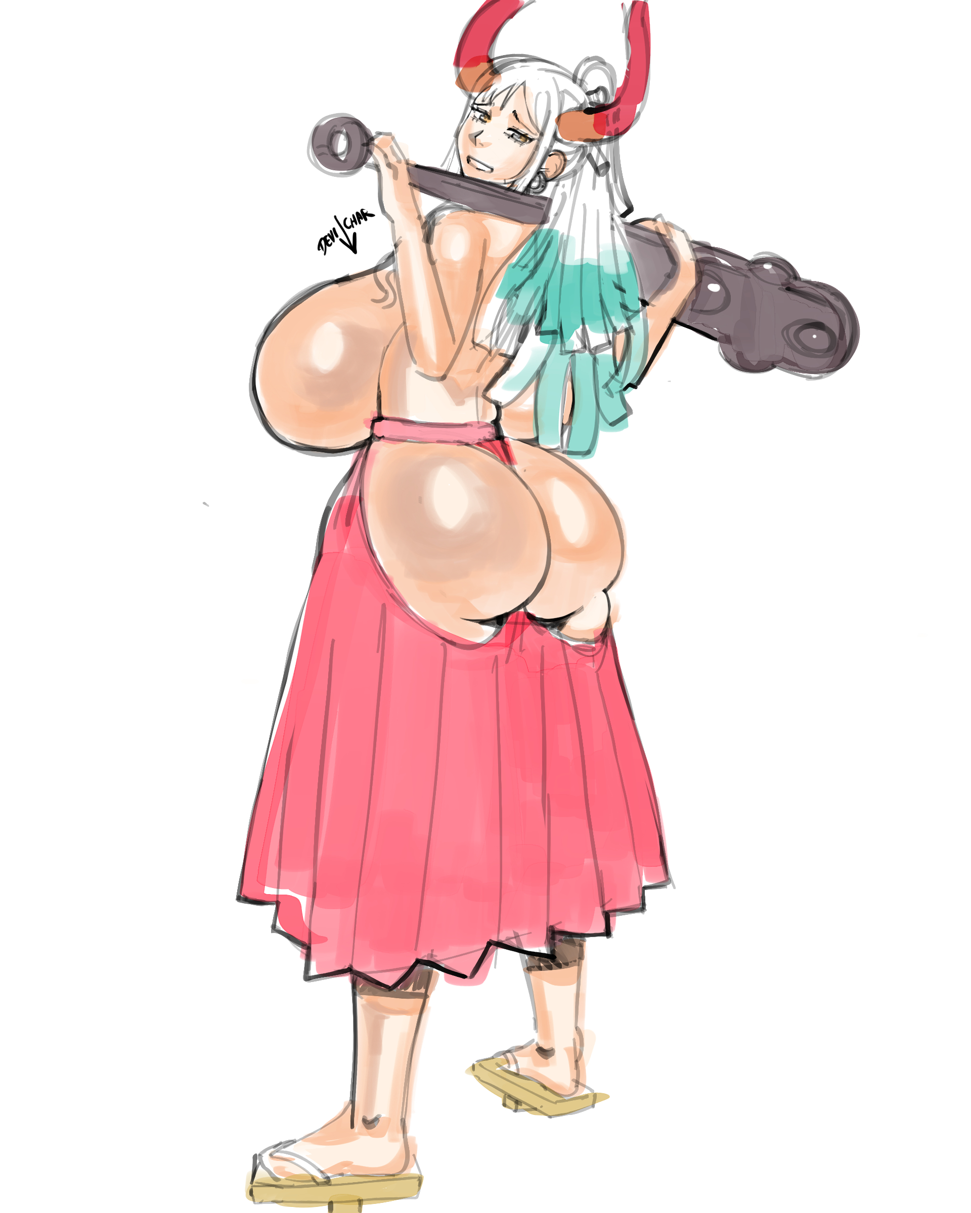 1girls, artist signature, ass, back view, bare ass, behind view, big ass, big breasts, breasts, bubble butt, curvaceous, curvy, curvy body, curvy female, curvy figure, devicharlotteren, earrings, exposed ass, exposed breasts, fat ass, female, female only, geta, green hair, horns, huge breasts, kanabou, large ass, large breasts, long hair, looking at viewer, looking back, massive breasts, multicolored hair, one piece, partially clothed, plump, plump ass, plump breasts, ponytail, rear view, scharlottelambo, shiny skin, sideboob, solo, solo female, solo focus, thick ass, two-tone hair, voluptuous, voluptuous female, white hair, white-haired female, yamato (one piece)
