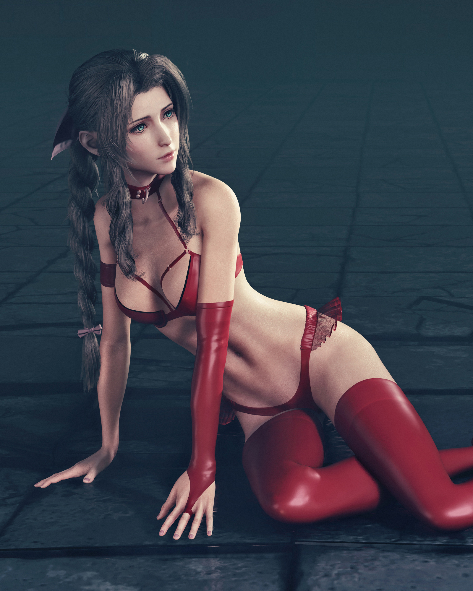1girls, 3d, aerith gainsborough, big breasts, breasts, female, female focus, female only, final fantasy, final fantasy vii, final fantasy vii remake, latex, latex suit, screencap, underwear