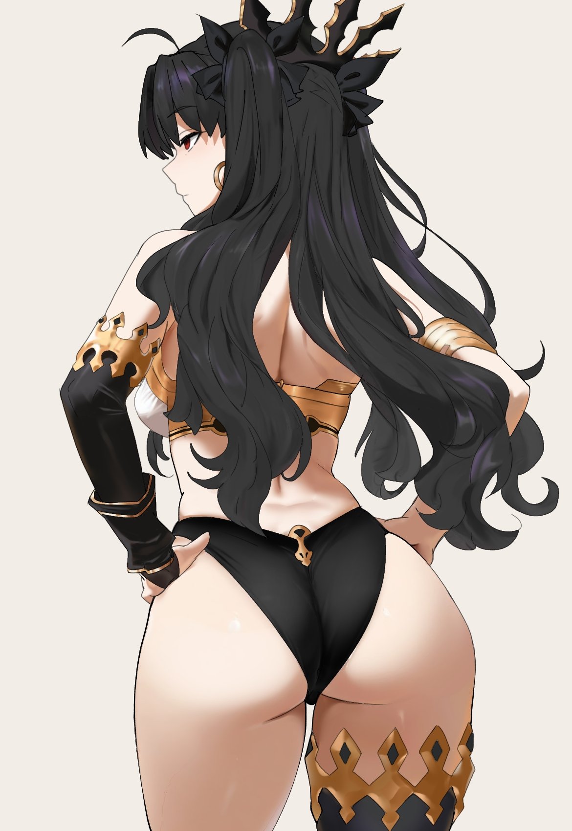1girls, accurate body type, anime, asoberis, ass, ass focus, asymmetrical clothes, asymmetrical gloves, backboob, bangs, bare ass, bare back, bare legs, bare midriff, bare shoulders, barely clothed, behind view, beris 002, big ass, big thighs, black hair, black panties, bottomwear, breasts, dark hair, ear ring, fate (series), fate/grand order, female, female focus, female only, gloves, hair, hair ornament, ishtar (fate), jewelry, light skin, light-skinned female, long hair, looking away, medium ass, medium breasts, midriff, on back, panties, petite, petite body, petite female, pose, realistic proportions, red eyes, skimpy, skimpy clothes, skimpy outfit, solo, solo female, solo focus, thick thighs, thighhighs, thighs, topwear, twintails, unamused, unaware, underwear, viewed from behind