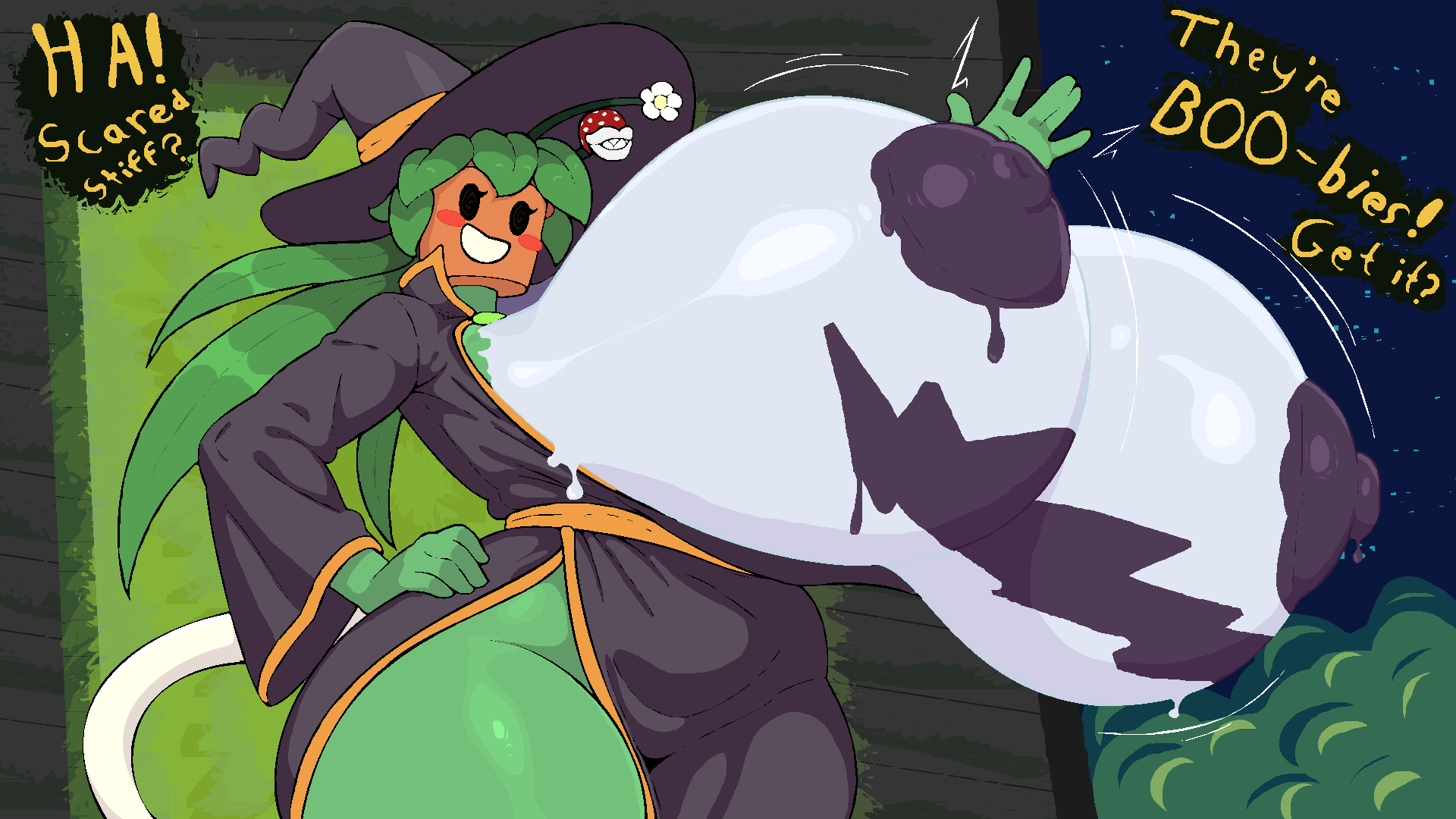 1girls, areolae, around drum, big areola, big breasts, black nipples, blaster master, blaster master zero 2, boobs, bouncing breasts, breasts, dialogue, exposed breasts, female, female focus, female only, funny, gravity defying breasts, green body, green nipples, green skin, halloween, halloween costume, halloween theme, hand on hip, hyper breasts, kanna (blaster master), large areolae, large breasts, leaf, leaf on head, monster girl, nipples, non-human, painted breasts, piranha plant, plant, plant girl, plant humanoid, pun, smile, solo, solo female, solo focus, tail, thick thighs, waving, witch costume, witch hat