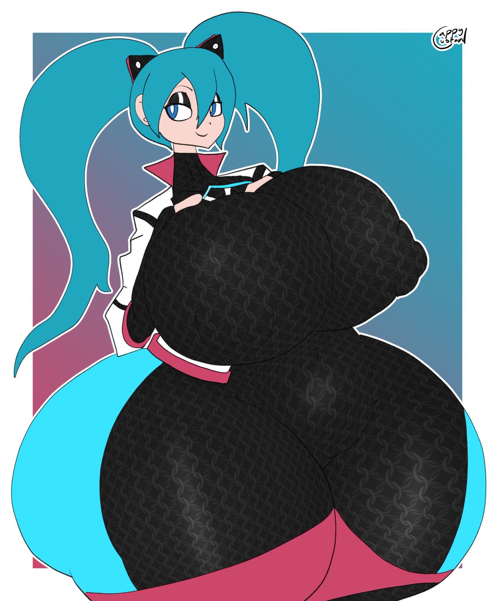 1girl, 1girls, aqua hair, ass, ass bigger than head, big ass, big breasts, blue eyes, blue hair, bodysuit, breasts, breasts bigger than head, bright pupils, cappy custard, casual nudity, clothed, covered nipples, curvy, female, female only, gloves, gradient, gradient background, hatsune miku, hatsune miku (sonic racing crossworlds), hips wider than shoulders, huge breasts, hyper, hyper ass, hyper breasts, jacket, long hair, looking at viewer, looking to the side, no bra, no underwear, smile, solo, solo female, sonic (series), sonic racing crossworlds, teasing, thick thighs, thighs, twintails, very long hair, wide hips