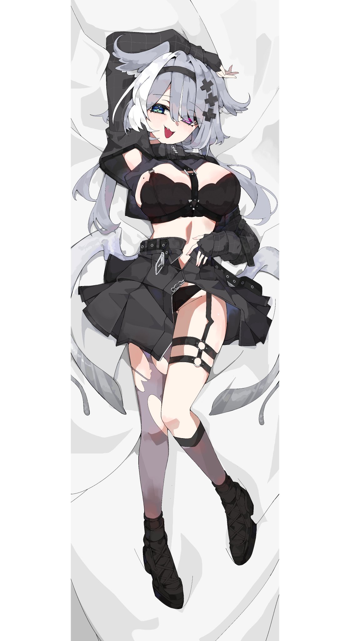 1girls, arm above head, bare hips, bare thighs, big breasts, black clothing, black panties, blue hair, breasts, cleavage, dakimakura, dakimakura design, dragon girl, dragon wings, elira pendora, exposed hips, exposed thighs, fang, female, hair covering eye, hair over one eye, head wings, heterochromia, hip wings, hips, large breasts, legwear, light blush, midriff, mole, mole on breast, nijisanji, nijisanji en, one eye obstructed, open skirt, shoes, showing underwear, solo, solo female, solo focus, two-tone hair, underwear, virtual youtuber, wems, white hair, wings, x hair ornament