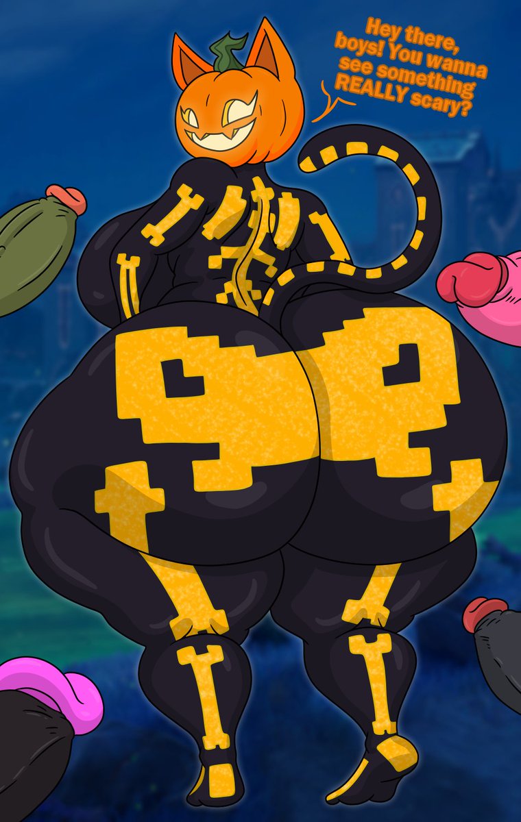 2d, 2d (artwork), 2d artwork, cat ears, cat girl, cat tail, catgirl, female, fortnite, fortnite: battle royale, fortnitemares, furry, furry female, huge ass, looking at viewer, looking back, pumpkin cat, skeleton costume, spice (fortnite), sprigatitoartz