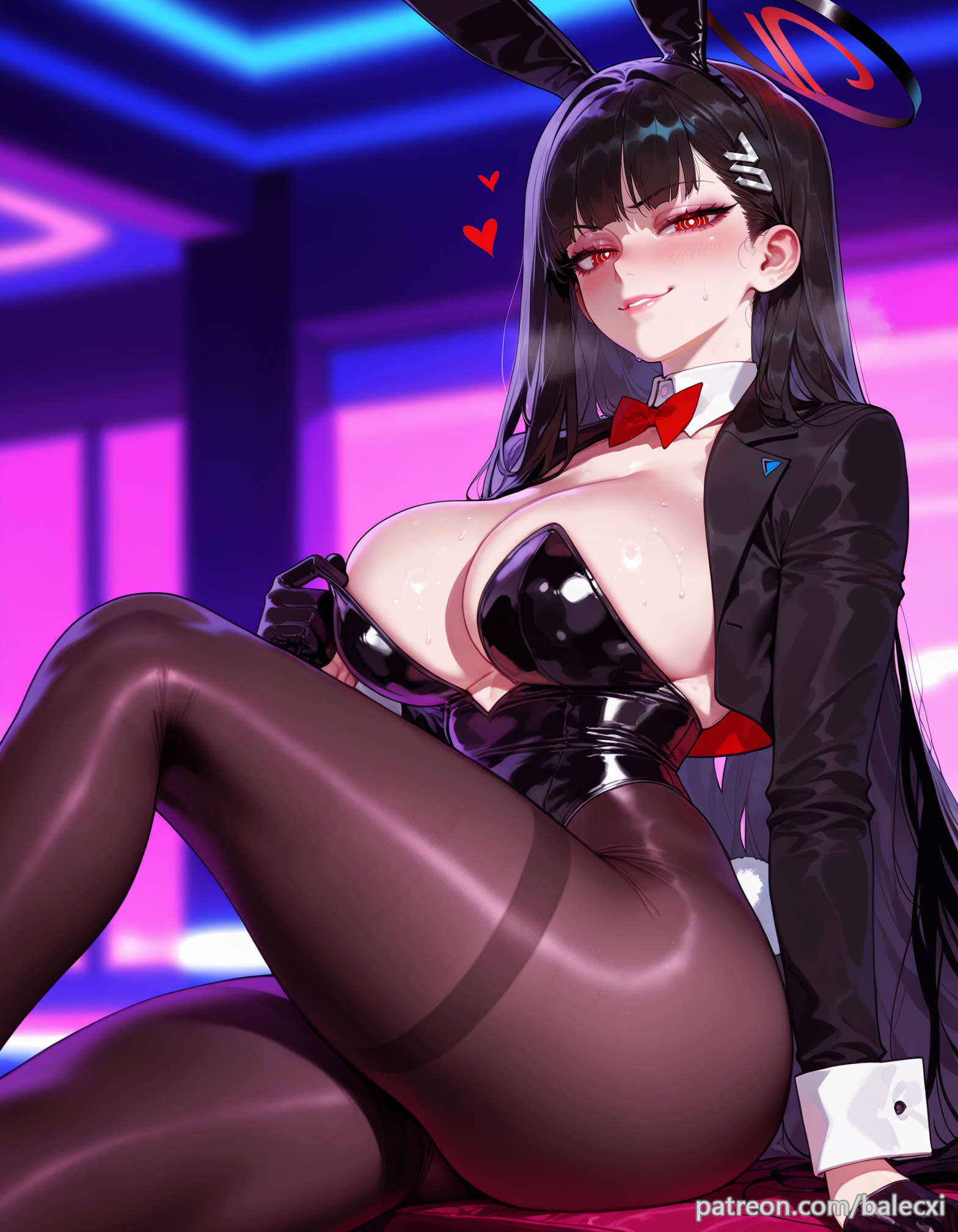 ai generated, alternate costume, animal ears, balecxi, black hair, black jacket, black leotard, blue archive, blurry background, blush, bowtie, breasts, cleavage, detached collar, fake animal ears, female, gloves, hair ornament, halo, heart, knee up, large breasts, long hair, long sleeves, looking at viewer, pantyhose, patreon username, playboy bunny, rabbit ears, rabbit tail, red bow, red eyes, rio (blue archive), sitting, smile, solo, strapless, strapless leotard, thighs