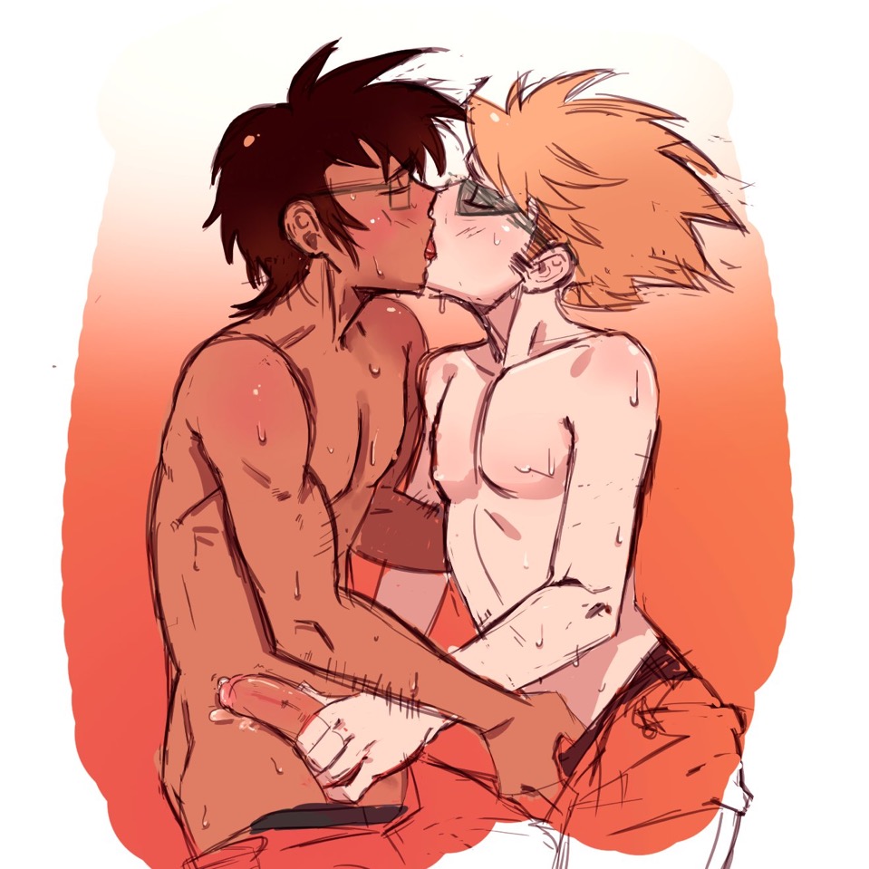 2boys, black hair, blonde hair, blush, closed eyes, dirk strider, gay, glasses, grabbing penis, homestuck, jacking each other off, jake english, kissing, l72greenlamp, male, mutual masturbation, penis, shades, shirtless, sweat, yaoi