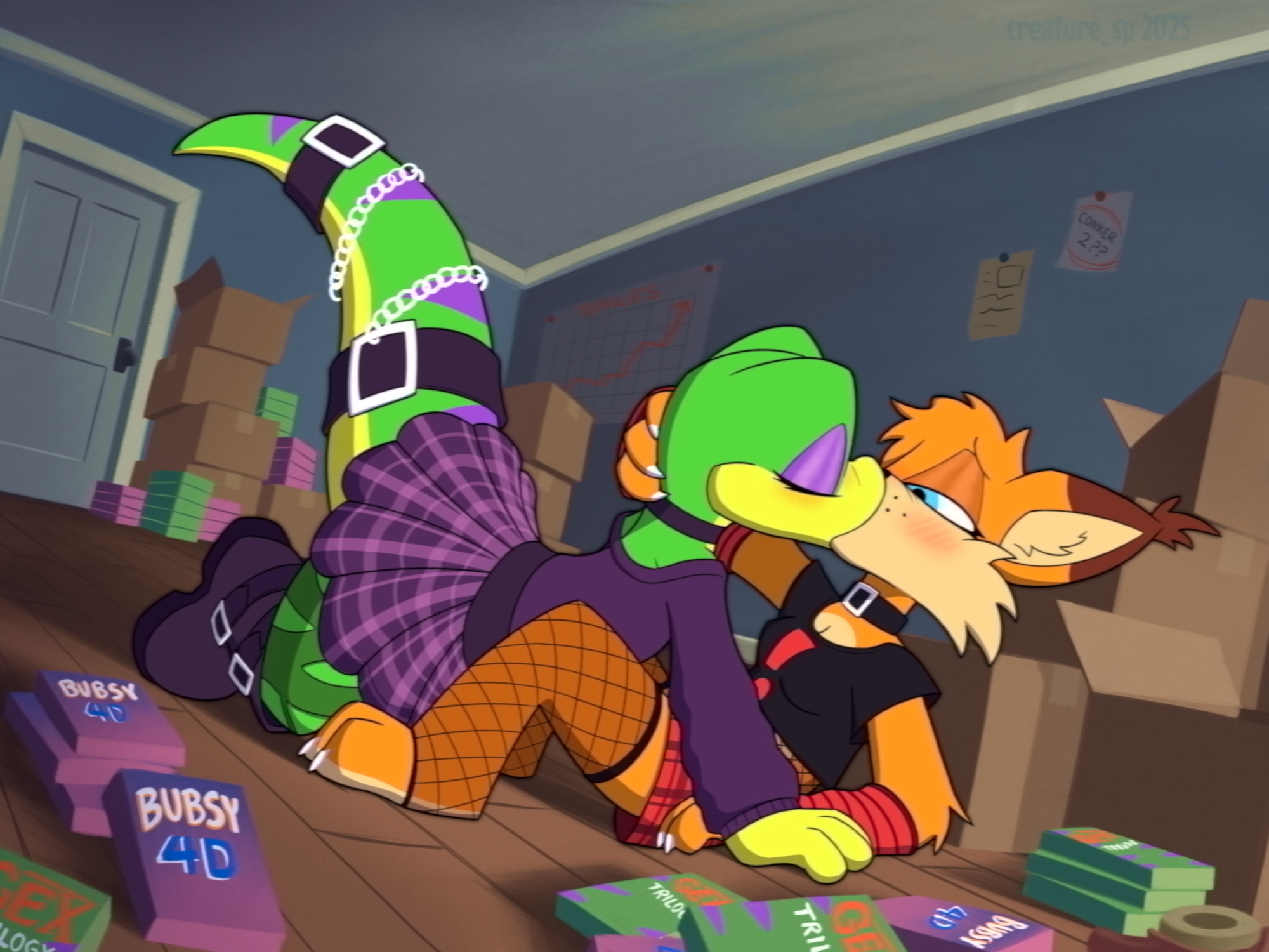 2025, 2d, 2girls, anthro, barefoot, blush, boots, bubsy, bubsy (series), bubsy 4d, bubsy bobcat, clothed, clothing, collar, comission, creature sp, detailed background, eyes closed, female, fishnet legwear, fishnets, garter, gecko, genderswap, genderswap (mtf), gex, gex (series), gex the gecko, goth, goth girl, green body, kissing, lesbian kiss, making out, orange fur, purple clothing, rule 63, skirt, tail, yuri
