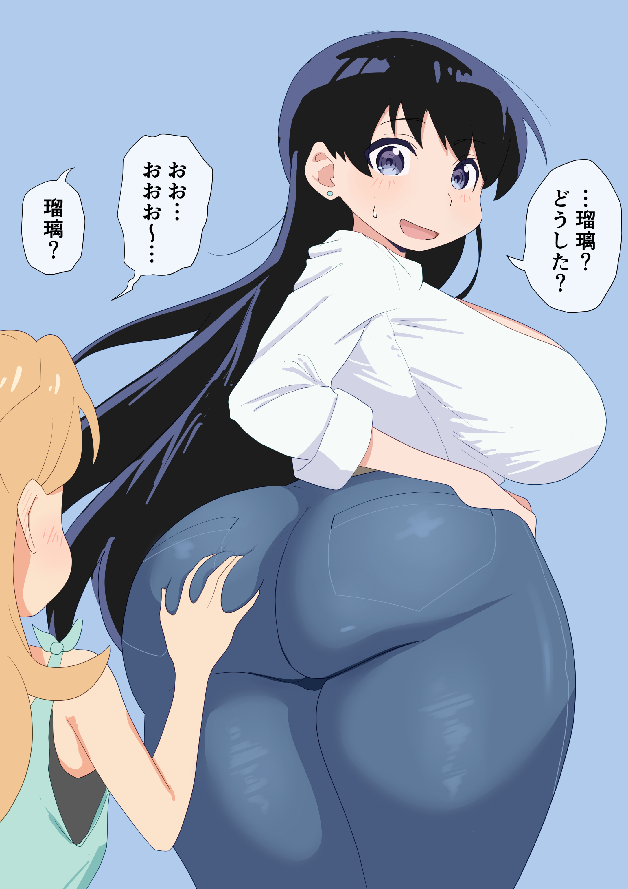2girls, absurdres, arato nagi, ass, ass focus, blush, breasts, concerned, dainaru, female, from behind, groping ass, highres, huge ass, huge breasts, japanese text, looking back, multiple females, multiple girls, ruri no houseki, smile, tanigawa ruri, thick thighs, wide hips, yuri