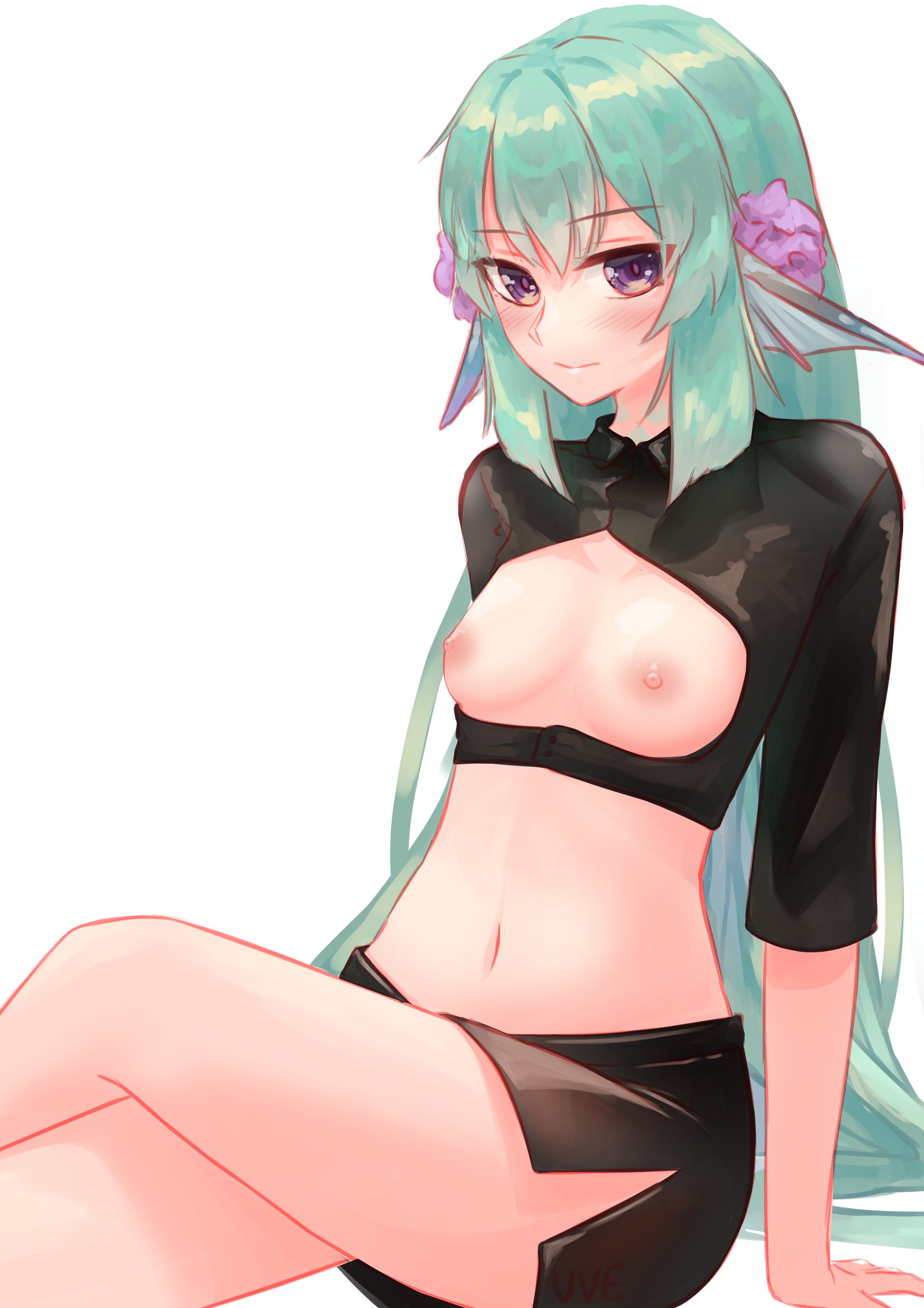 belly button, braless, breasts, female, finana ryugu, fish girl, green hair, long hair, nijisanji, nijisanji en, no bra, purple eyes, small breasts, solo female, virtual youtuber