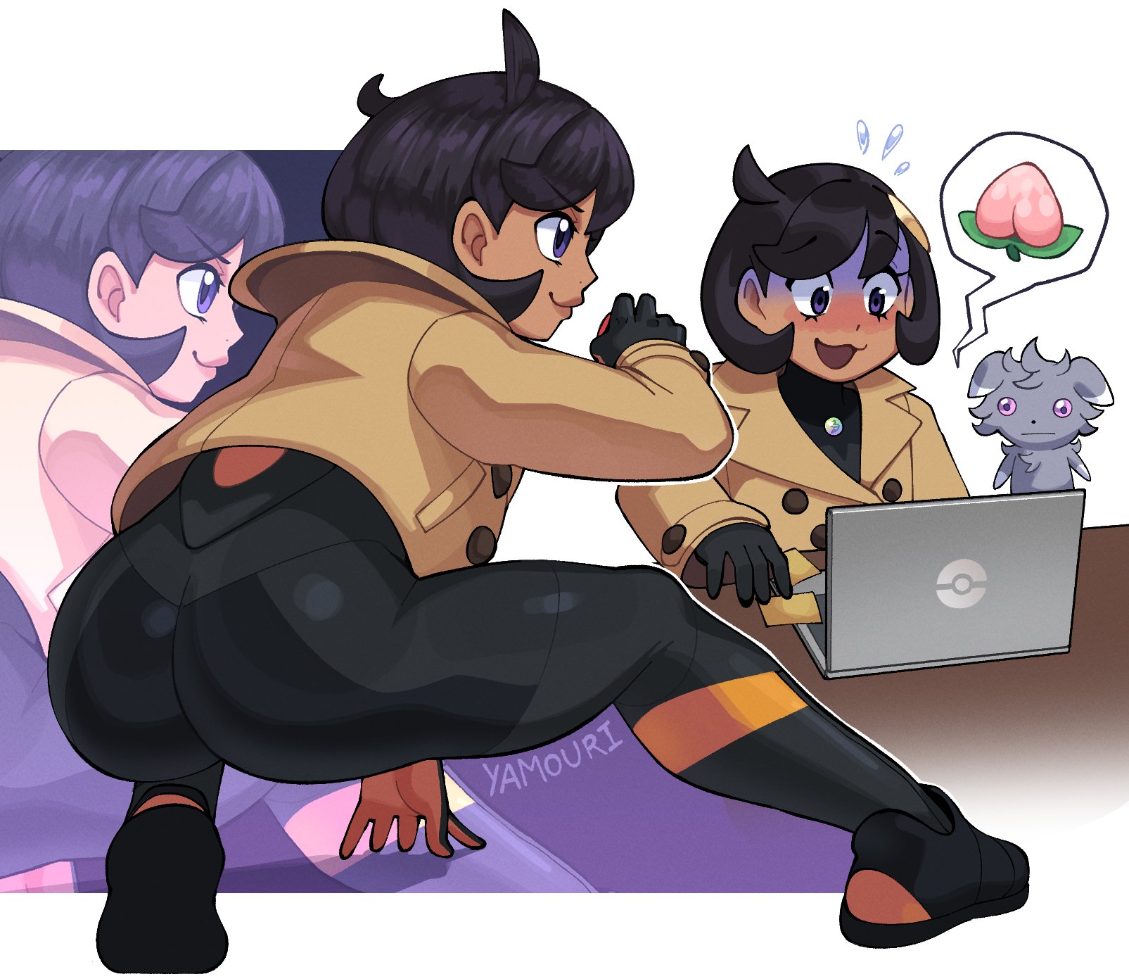 :|, 1girls, ass, big ass, bodysuit, coat, embarrassed, emma (pokemon legends: z-a), emma (pokemon), emoji, espurr, fat ass, female, game freak, huge ass, human, jacket, matiere (pokemon legends: z-a), matiere (pokemon), nintendo, nyasper, peach emoji, pokeball, pokemon, pokemon (species), pokemon legends: z-a, pokemon xy, sensual, sexy, sexy pose, smile, thick thighs, tomboyish, wide hips, yamouri