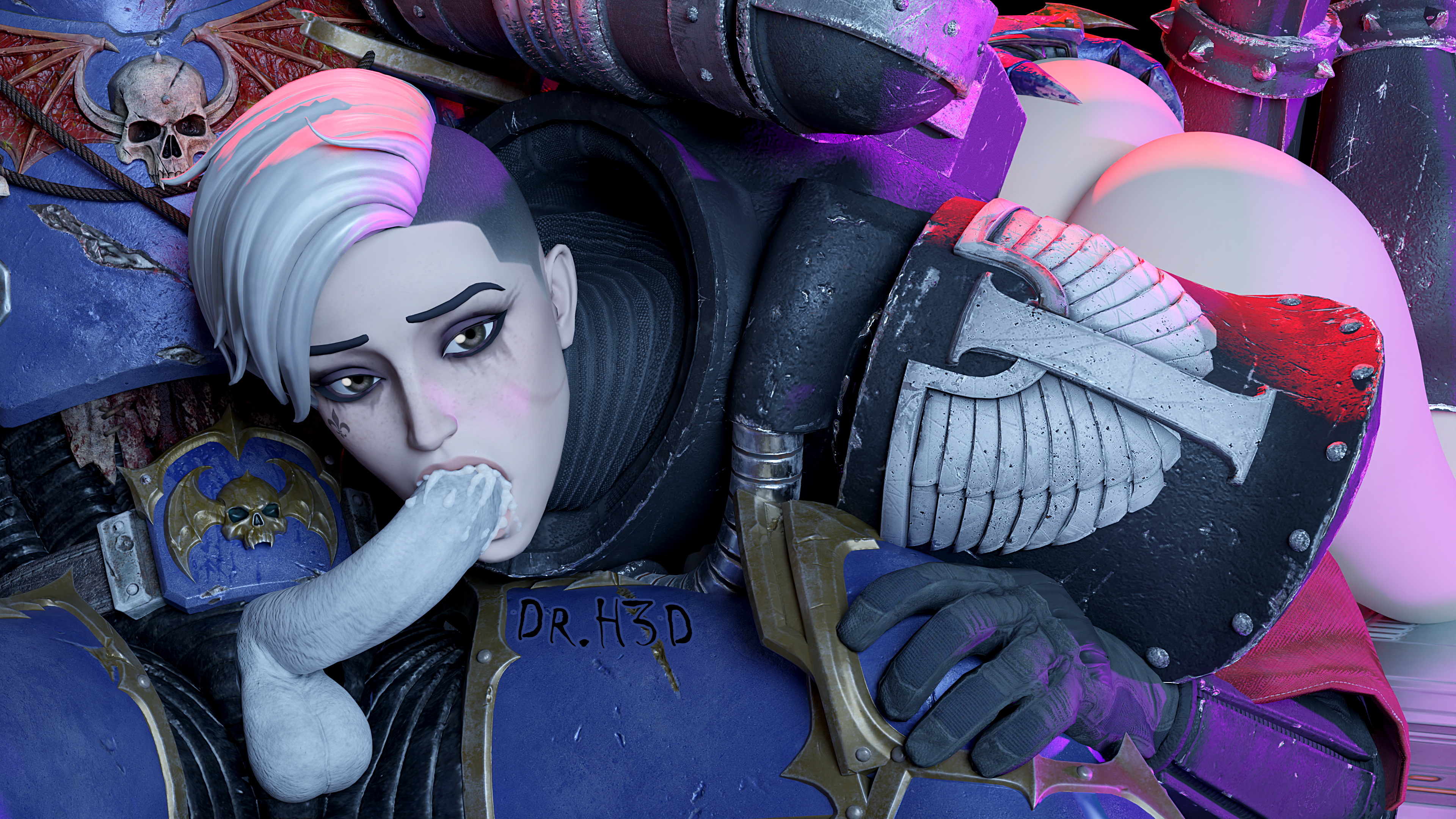 1girls, 3d, adepta sororitas, black gloves, blender, blowjob, chaos (warhammer), chaos space marine, cum, dr. h3d, female, gloves, imperium of man, night lords, power armor, power armor (warhammer), semen, sex, sister of battle, sperm, warhammer (franchise), warhammer 40k, white hair