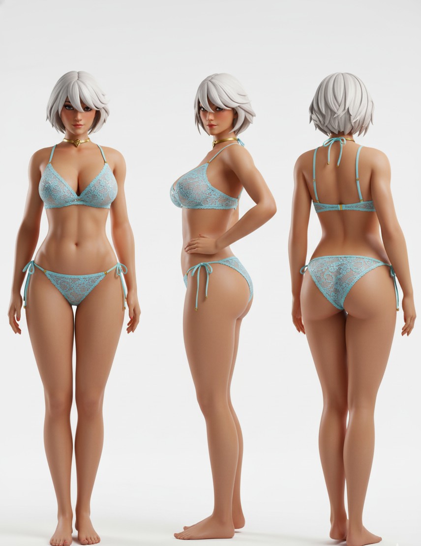 1girls, ai generated, aphrodite (fortnite), artist request, back view, bare arms, bare legs, barefoot, bra, bra and panties, breasts, brown eyes, cleavage, female, female only, fortnite, front view, lace bra, lace panties, multiple views, navel, panties, short hair, side view, side-tie panties, simple background, source request, standing, white background, white hair