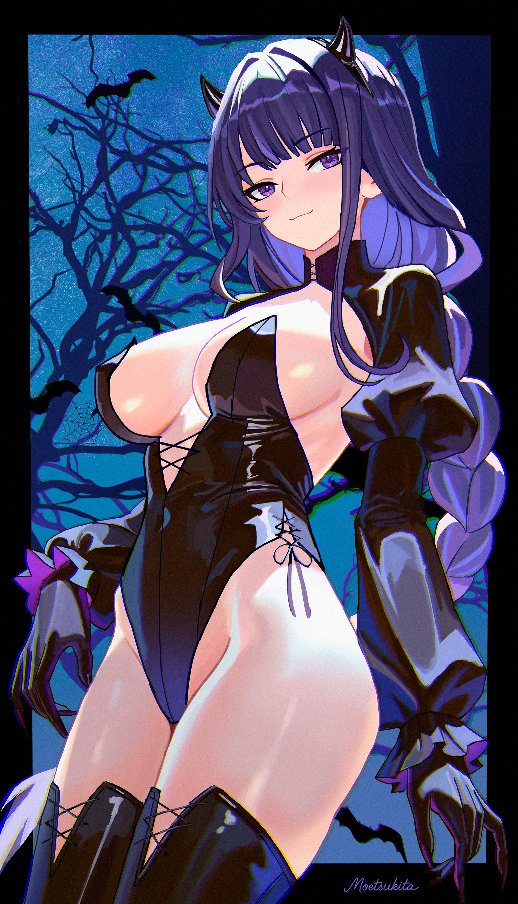 1girls, 2d, 2d (artwork), 2d artwork, bat, big ass, big breasts, breasts, female, female only, genshin impact, hair ornament, halloween, hi res, high resolution, highres, latex, looking at viewer, moetsukita, pale skin, pale-skinned female, purple eyes, purple hair, raiden shogun, smug
